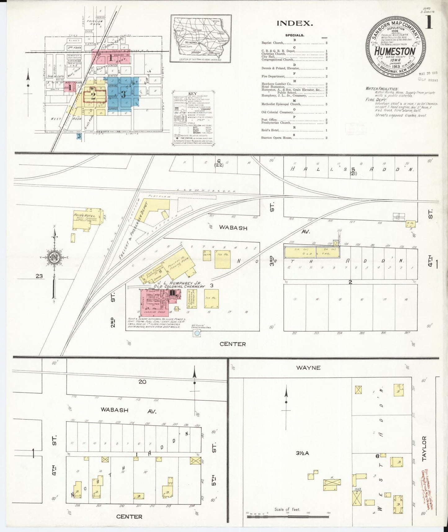 Sanborn Fire Insurance Map from Humeston, Wayne County, Iowa (1913), Sheet #0001 - Historic Sanborn Fire Insurance Map Print, vintage old map wall art