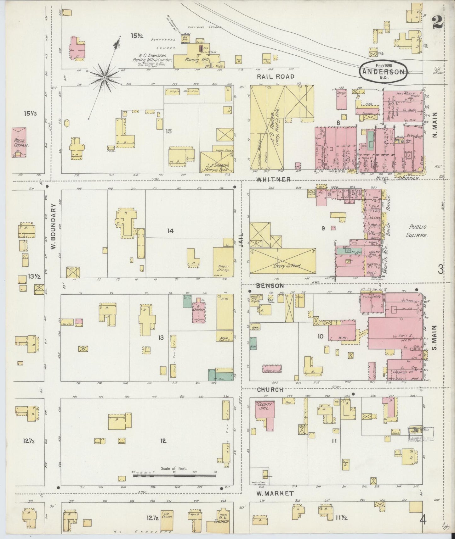 Sanborn Fire Insurance Map from Anderson, Anderson County, South Carolina (1896), Sheet #0002 - Historic Sanborn Fire Insurance Map Print, vintage old map wall art, antique decor, genealogy gift, South Carolina South Carolina map