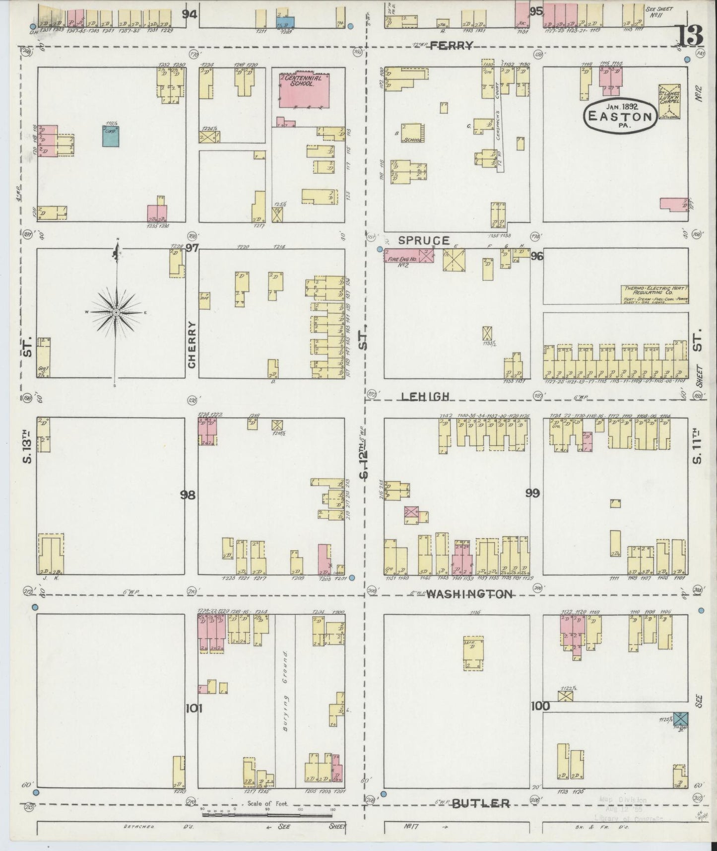Sanborn Fire Insurance Map from Easton, Northampton County, Pennsylvania (1892), Sheet #0013 - Historic Sanborn Fire Insurance Map Print, vintage old map wall art, antique decor, genealogy gift, Pennsylvania Pennsylvania map