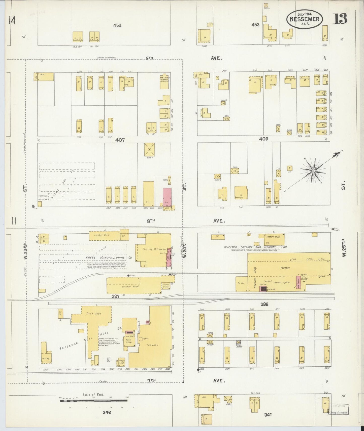 Sanborn Fire Insurance Map from Bessemer, Jefferson County, Alabama (1904), Sheet #0013 - Historic Sanborn Fire Insurance Map Print, vintage old map wall art, antique decor, genealogy gift, Alabama Alabama map