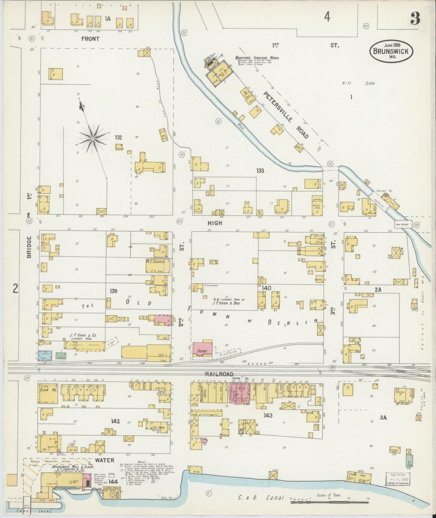 Sanborn Fire Insurance Map from Brunswick, Frederick County, Maryland (1899), Sheet #0003 - Historic Sanborn Fire Insurance Map Print, vintage old map wall art, antique decor, genealogy gift, Maryland Maryland map