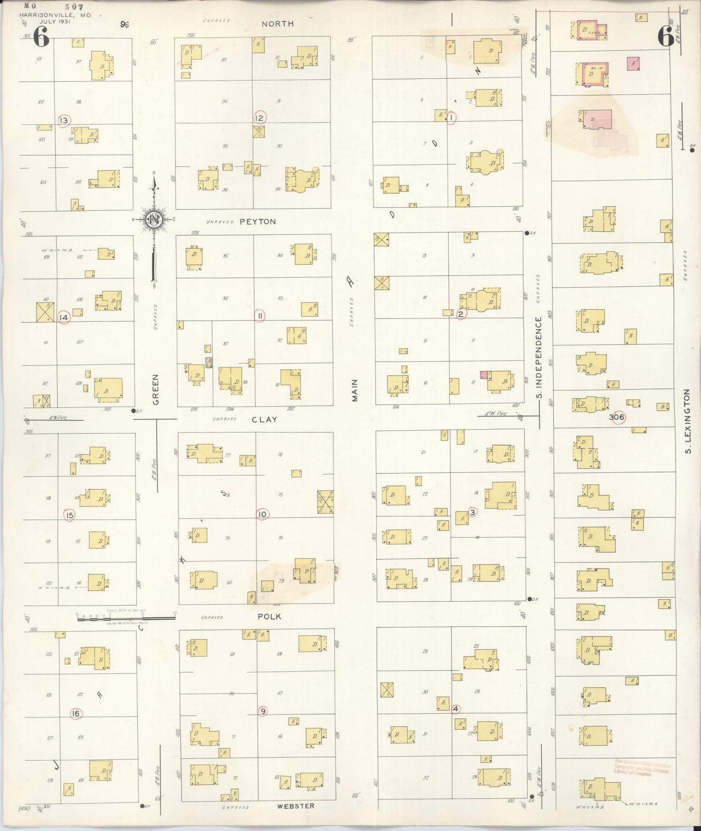 Sanborn Fire Insurance Map from Harrisonville, Cass County, Missouri (1939), Sheet #0006 - Historic Sanborn Fire Insurance Map Print, vintage old map wall art, antique decor, genealogy gift, Missouri Missouri map