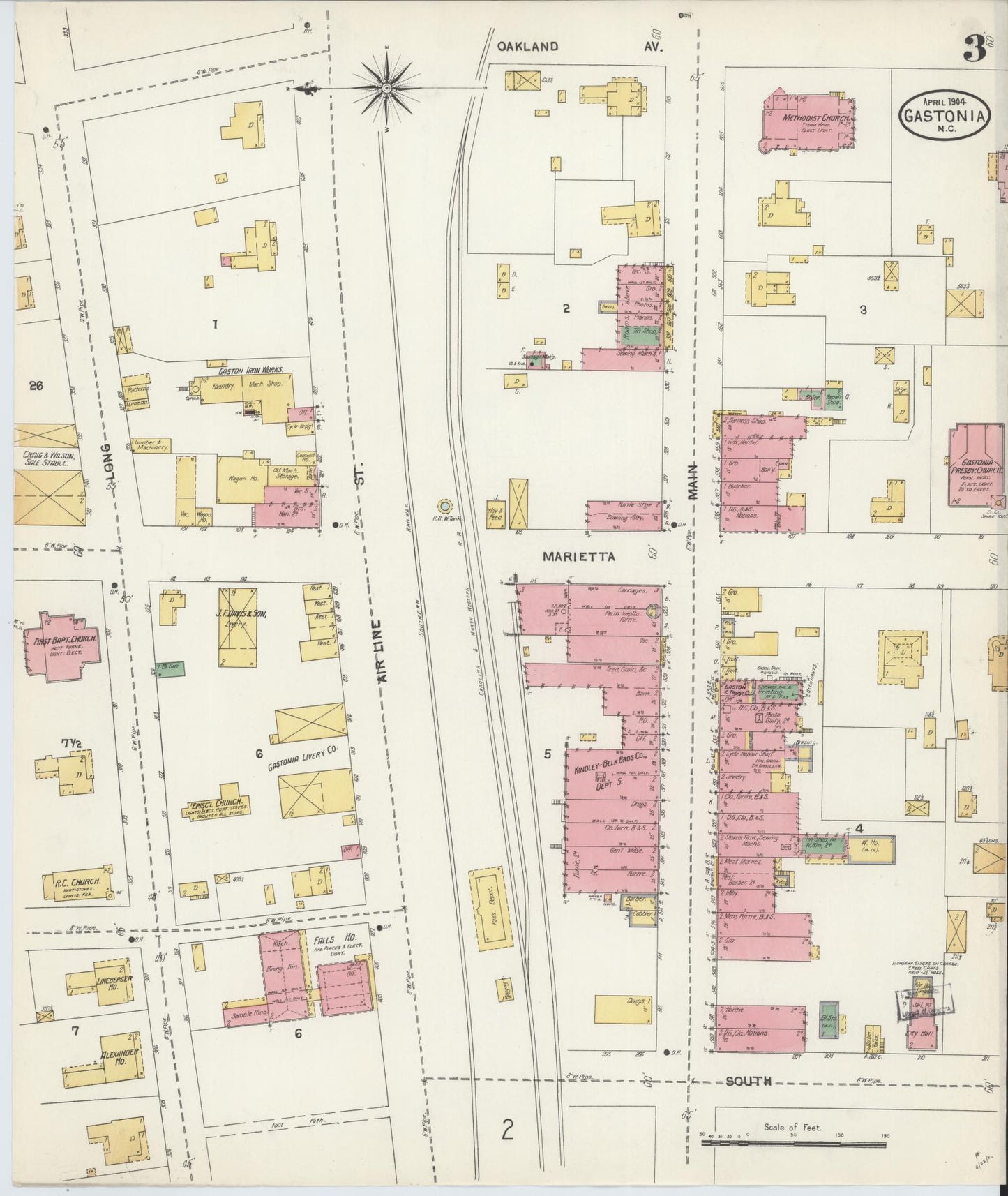 Sanborn Fire Insurance Map from Gastonia, Gaston County, North Carolina (1904), Sheet #0003 - Historic Sanborn Fire Insurance Map Print, vintage old map wall art, antique decor, genealogy gift, North Carolina North Carolina map