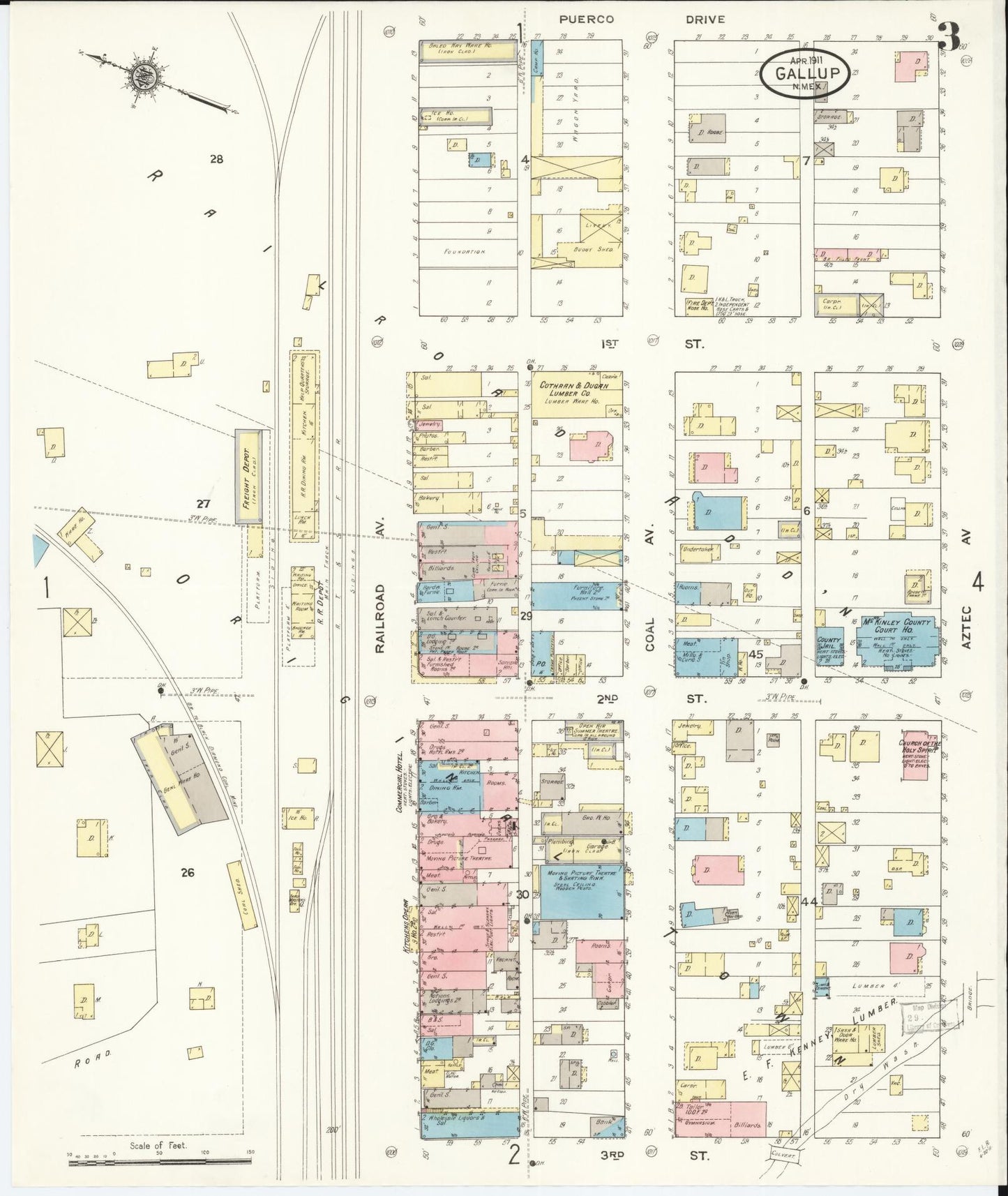 Sanborn Fire Insurance Map from Gallup, Mckinley County, New Mexico (1911), Sheet #0003 - Historic Sanborn Fire Insurance Map Print, vintage old map wall art, antique decor, genealogy gift, New Mexico New Mexico map