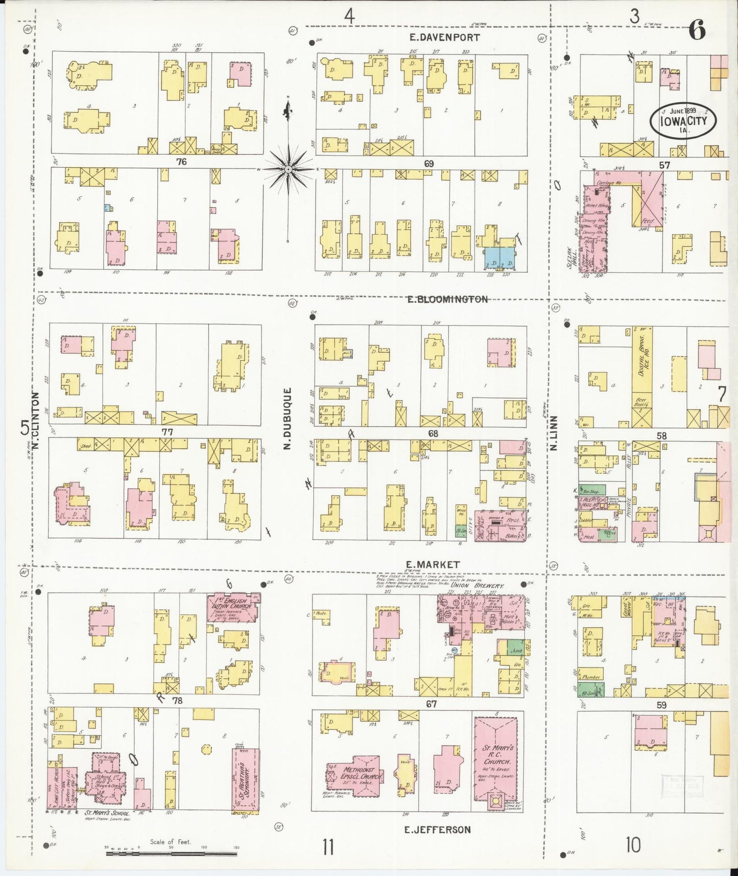 Sanborn Fire Insurance Map from Iowa City, Johnson County, Iowa (1899), Sheet #0006 - Historic Sanborn Fire Insurance Map Print, vintage old map wall art