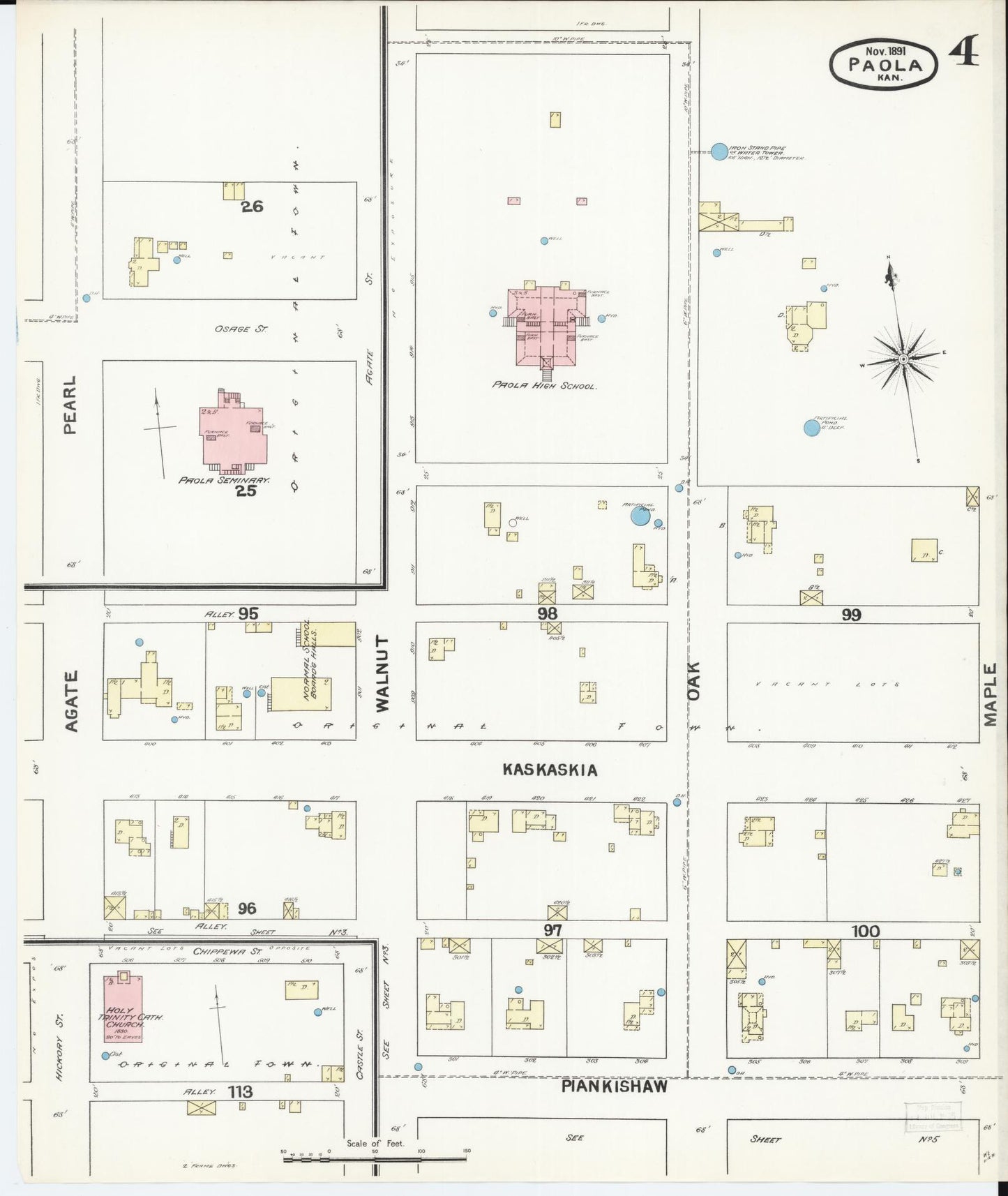 Sanborn Fire Insurance Map from Paola, Miami County, Kansas (1891), Sheet #0004 - Historic Sanborn Fire Insurance Map Print, vintage old map wall art, antique decor, genealogy gift, Kansas Kansas map