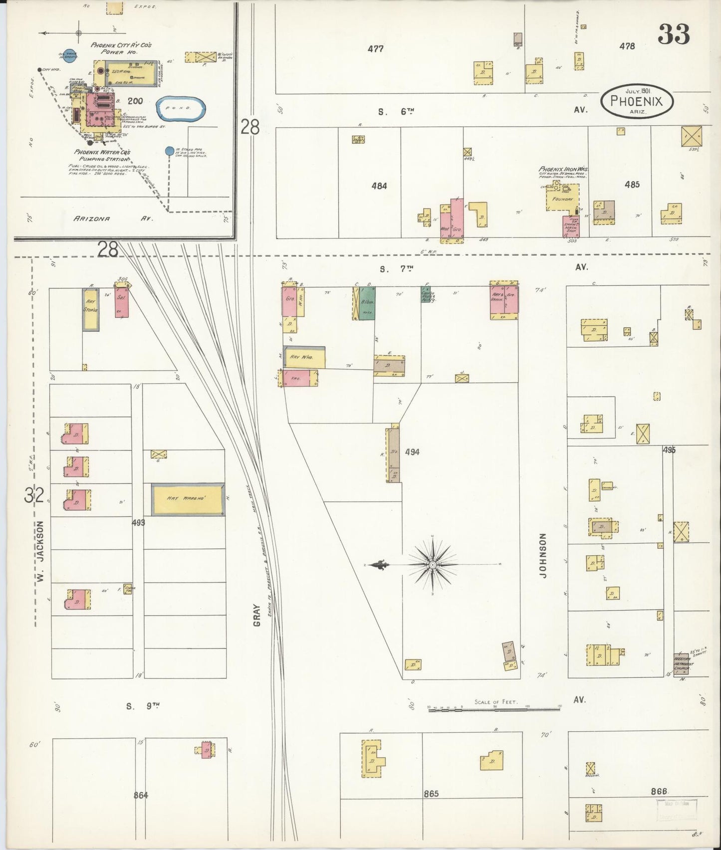 Sanborn Fire Insurance Map from Phoenix, Maricopa County, Arizona (1901), Sheet #0033 - Historic Sanborn Fire Insurance Map Print, vintage old map wall art, antique decor, genealogy gift, Arizona Arizona map