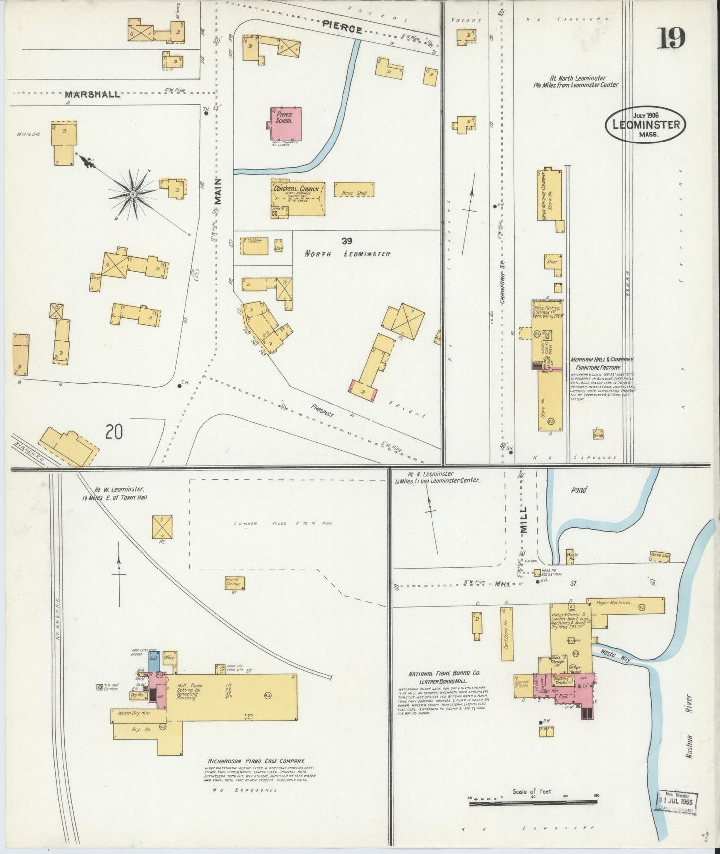 Sanborn Fire Insurance Map from Leominster, Worcester County, Massachusetts (1906), Sheet #0019 - Historic Sanborn Fire Insurance Map Print, vintage old map wall art, antique decor, genealogy gift, Massachusetts Massachusetts map