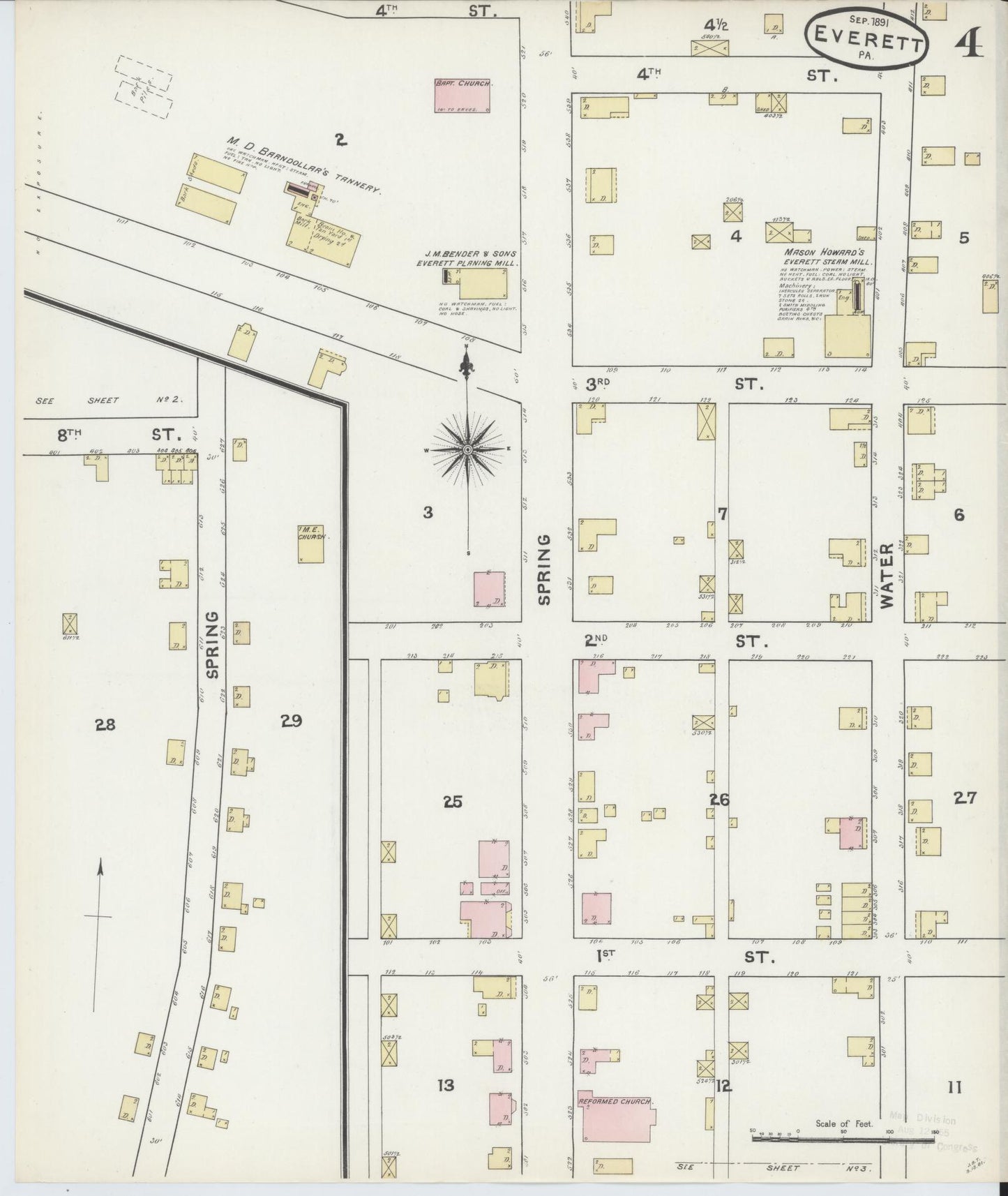 Sanborn Fire Insurance Map from Everett, Bedford County, Pennsylvania (1891), Sheet #0004 - Historic Sanborn Fire Insurance Map Print, vintage old map wall art, antique decor, genealogy gift, Pennsylvania Pennsylvania map