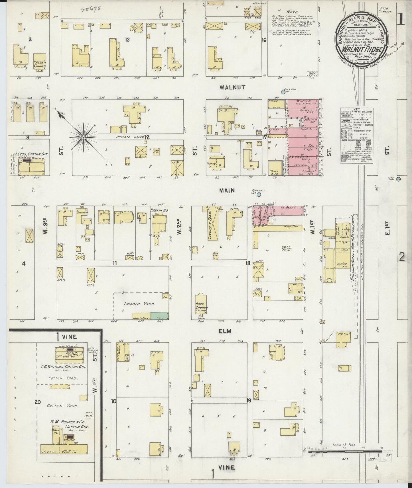 Sanborn Fire Insurance Map from Walnut Ridge, Lawrence County, Arkansas (1897), Sheet #0001 - Historic Sanborn Fire Insurance Map Print, vintage old map wall art, antique decor, genealogy gift, Arkansas Arkansas map