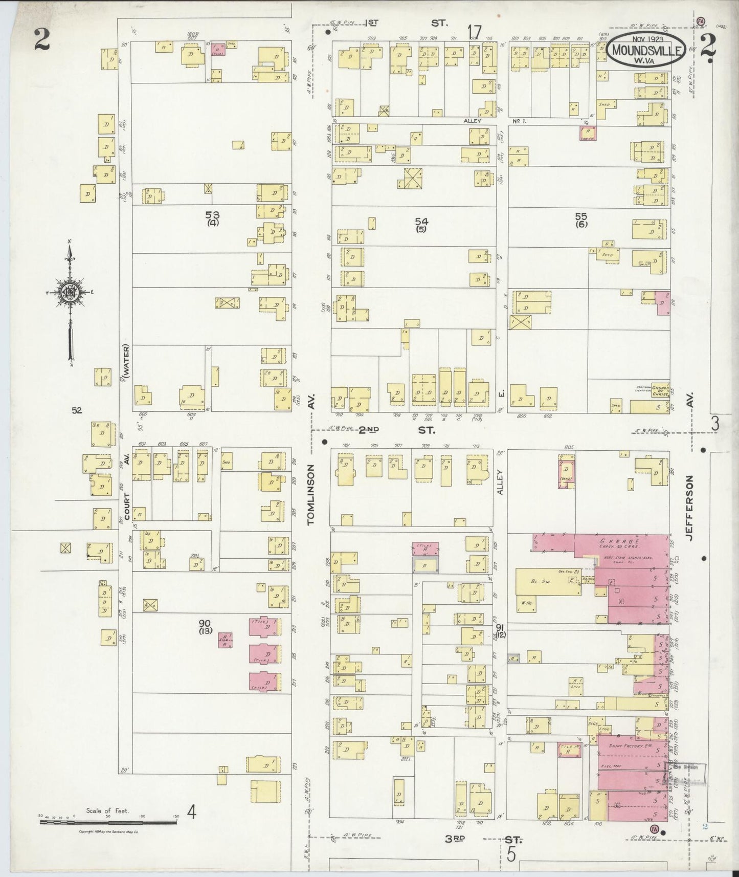 Sanborn Fire Insurance Map from Moundsville, Marshall County, West Virginia (1923), Sheet #0002 - Historic Sanborn Fire Insurance Map Print, vintage old map wall art, antique decor, genealogy gift, West Virginia West Virginia map