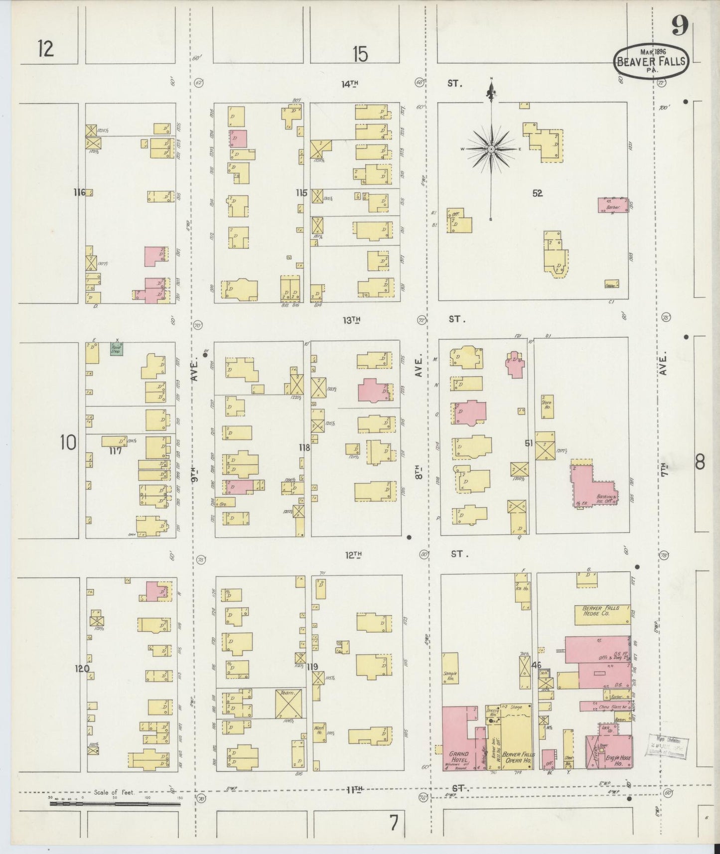 Sanborn Fire Insurance Map from Beaver Falls, Beaver County, Pennsylvania (1896), Sheet #0009 - Historic Sanborn Fire Insurance Map Print, vintage old map wall art, antique decor, genealogy gift, Pennsylvania Pennsylvania map