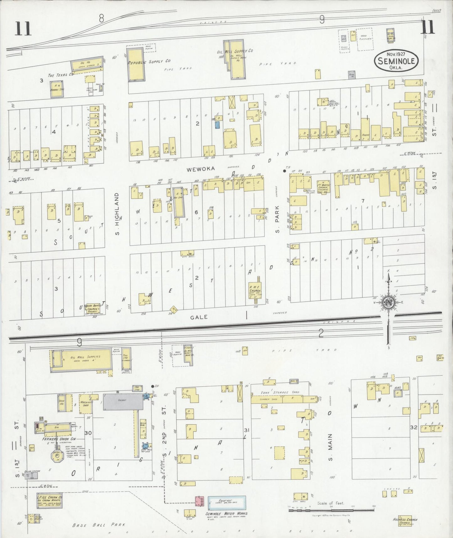 Sanborn Fire Insurance Map from Seminole, Seminole County, Oklahoma (1927), Sheet #0011 - Complete Map Set gallery image, historic Sanborn map, vintage wall art, Oklahoma Oklahoma