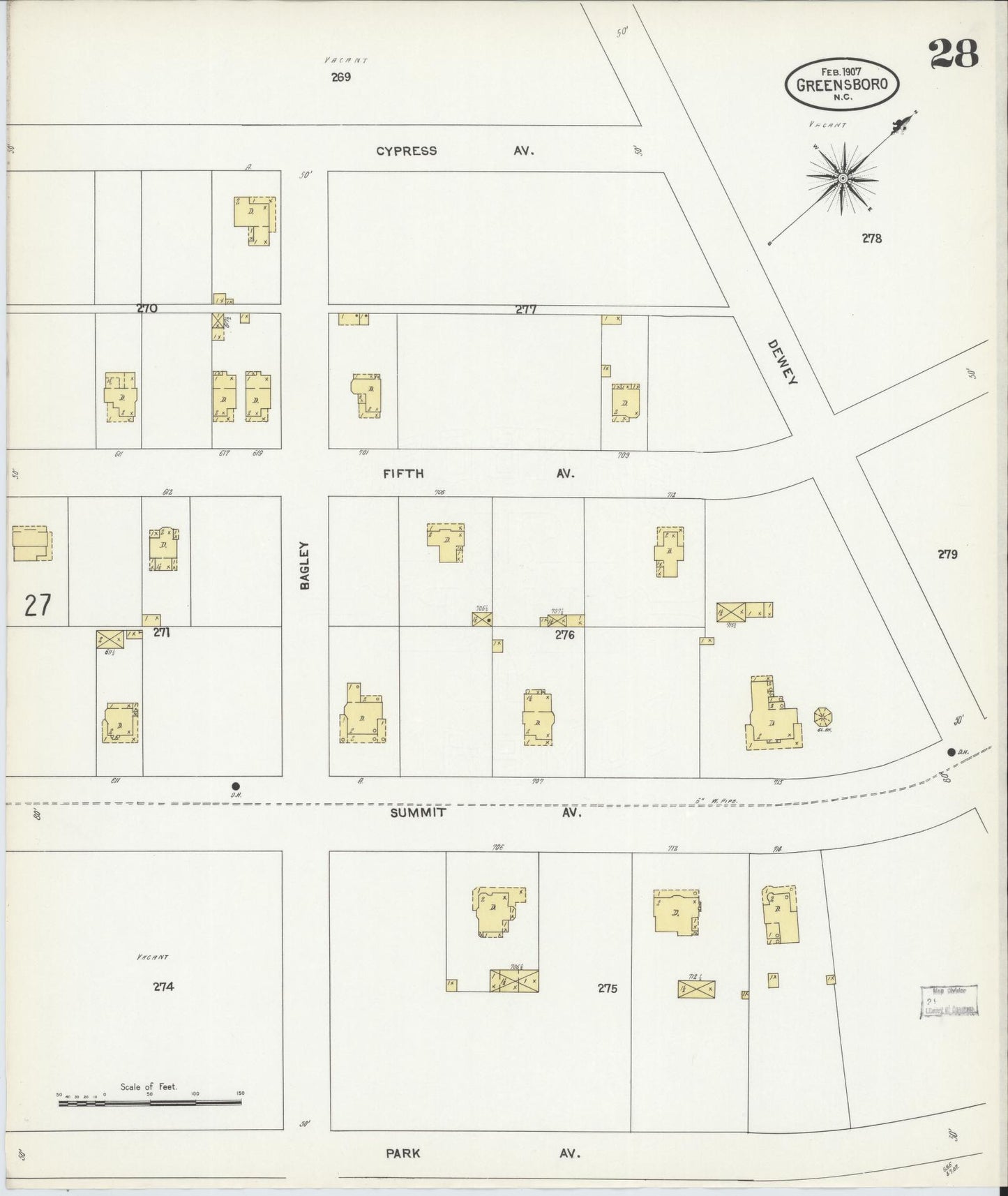Sanborn Fire Insurance Map from Greensboro, Guilford County, North Carolina (1907), Sheet #0028 - Historic Sanborn Fire Insurance Map Print, vintage old map wall art, antique decor, genealogy gift, North Carolina North Carolina map