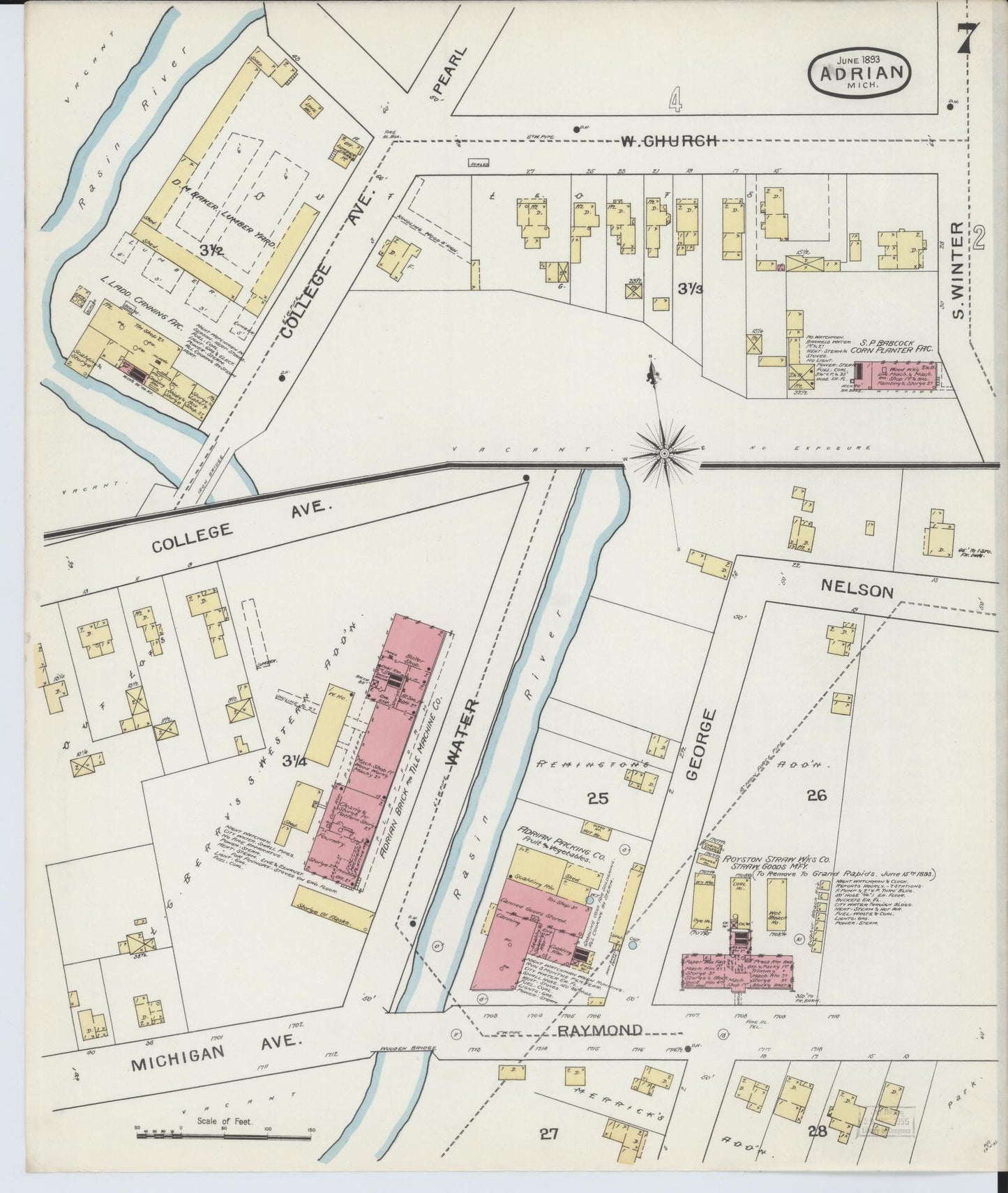 Sanborn Fire Insurance Map from Adrian, Lenawee County, Michigan (1893), Sheet #0007 - Historic Sanborn Fire Insurance Map Print, vintage old map wall art, antique decor, genealogy gift, Michigan Michigan map