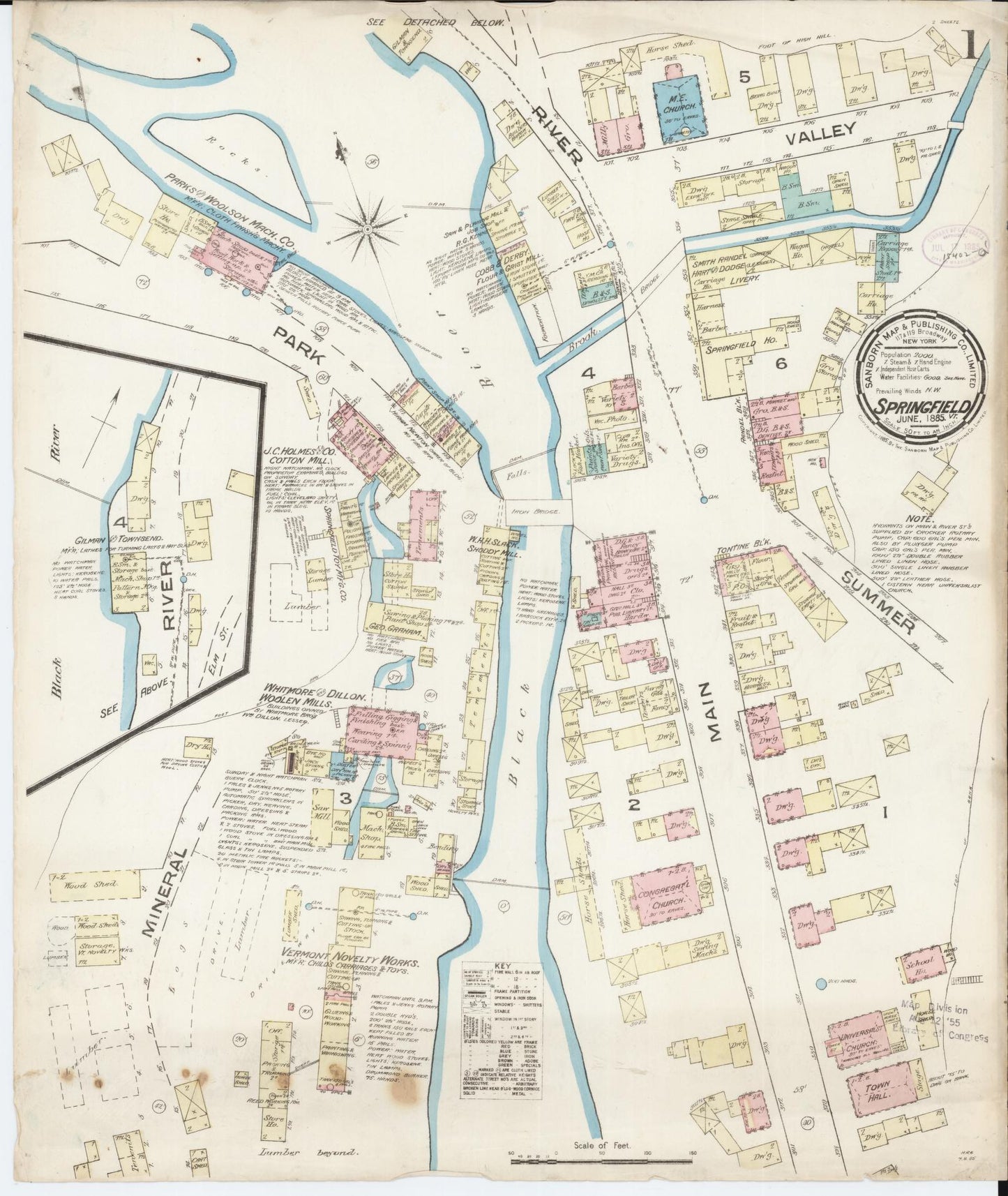 Sanborn Fire Insurance Map from Springfield, Windsor County, Vermont (1885), Sheet #0001 - Historic Sanborn Fire Insurance Map Print, vintage old map wall art, antique decor, genealogy gift, Vermont Vermont map