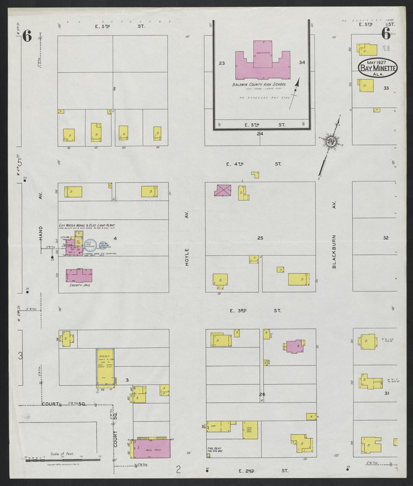 Sanborn Fire Insurance Map from Bay Minette, Baldwin County, Alabama (1927), Sheet #0006 - Historic Sanborn Fire Insurance Map Print, vintage old map wall art, antique decor, genealogy gift, Alabama Alabama map