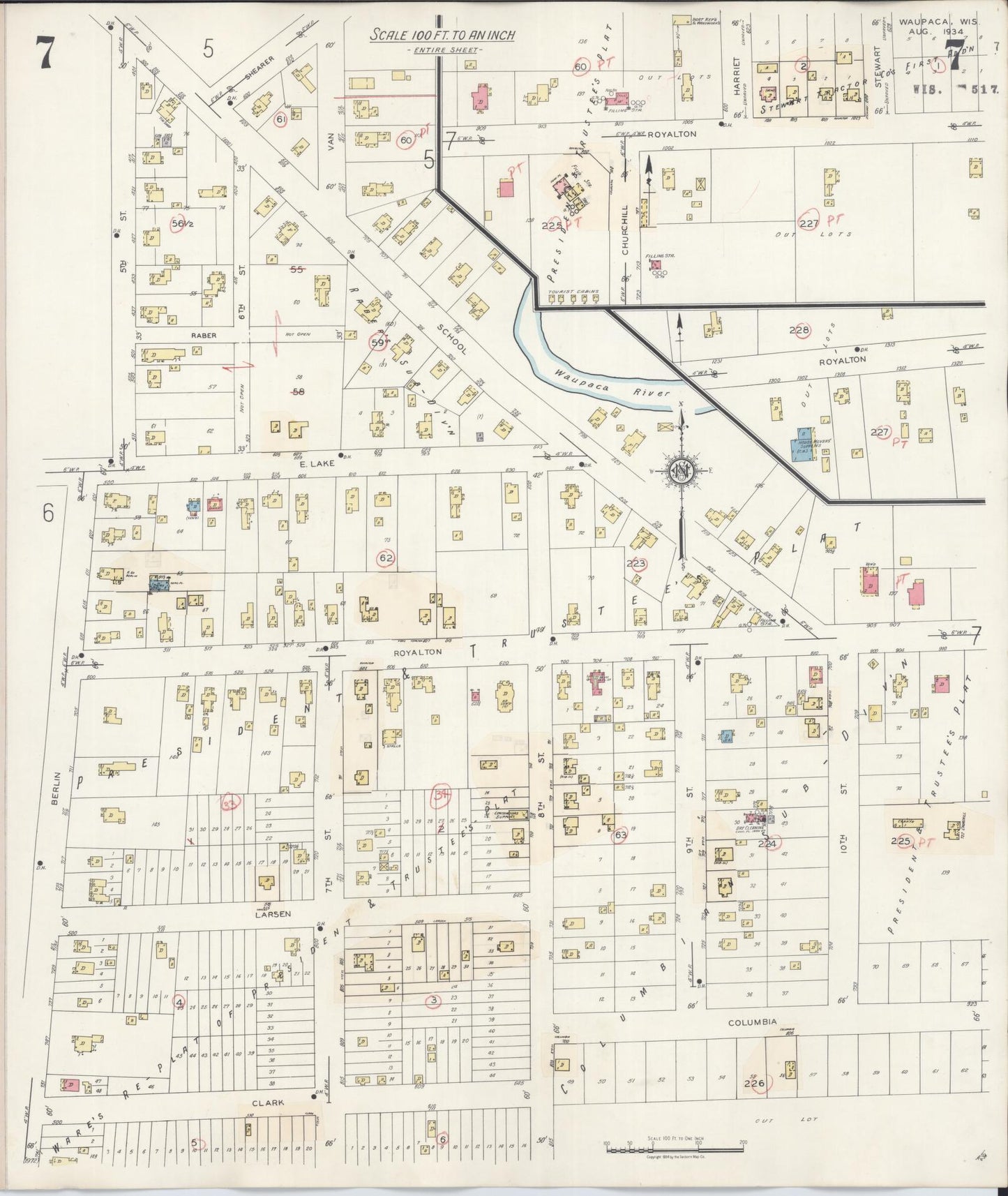 Sanborn Fire Insurance Map from Waupaca, Waupaca County, Wisconsin (1941), Sheet #0007 - Historic Sanborn Fire Insurance Map Print, vintage old map wall art, antique decor, genealogy gift, Wisconsin Wisconsin map