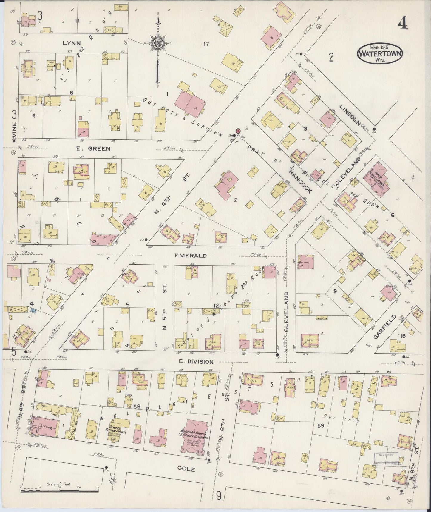 Sanborn Fire Insurance Map from Watertown, Jefferson County, Wisconsin (1915), Sheet #0005 - Historic Sanborn Fire Insurance Map Print, vintage old map wall art, antique decor, genealogy gift, Wisconsin Wisconsin map