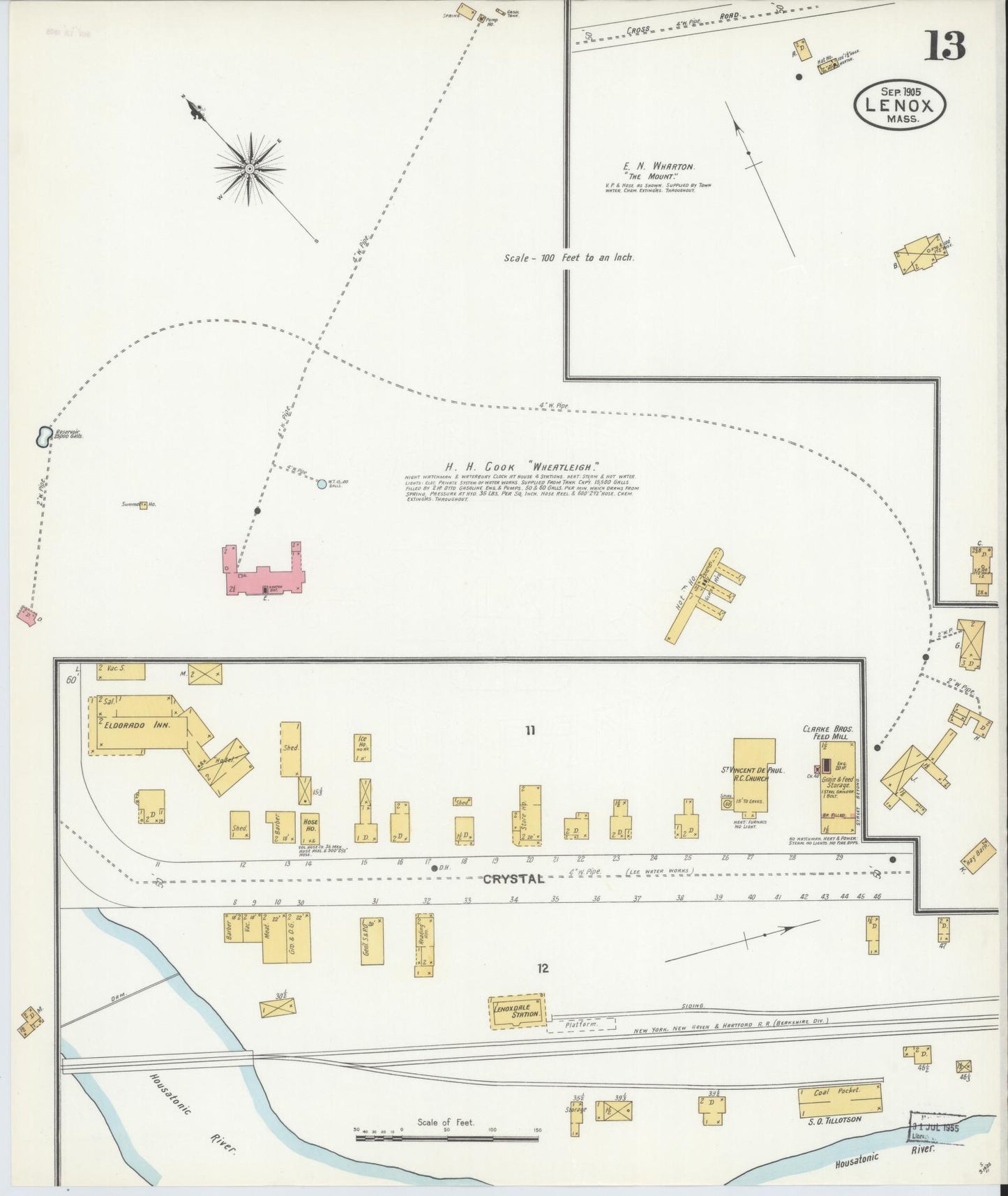 Sanborn Fire Insurance Map from Lenox, Berkshire County, Massachusetts (1905), Sheet #0013 - Historic Sanborn Fire Insurance Map Print, vintage old map wall art, antique decor, genealogy gift, Massachusetts Massachusetts map