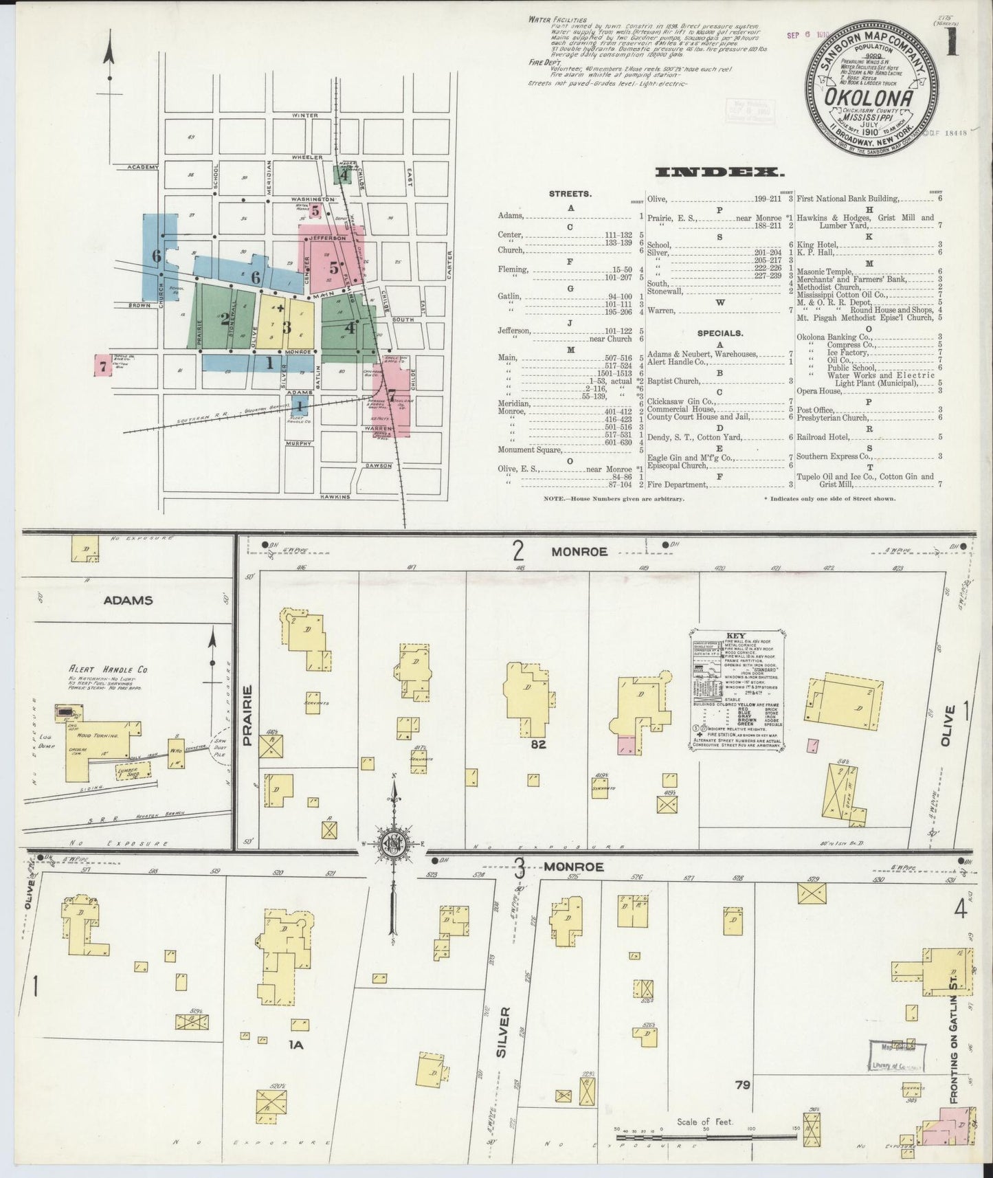 Sanborn Fire Insurance Map from Okolona, Chickasaw County, Mississippi (1910), Sheet #0001 - Historic Sanborn Fire Insurance Map Print, vintage old map wall art, antique decor, genealogy gift, Mississippi Mississippi map