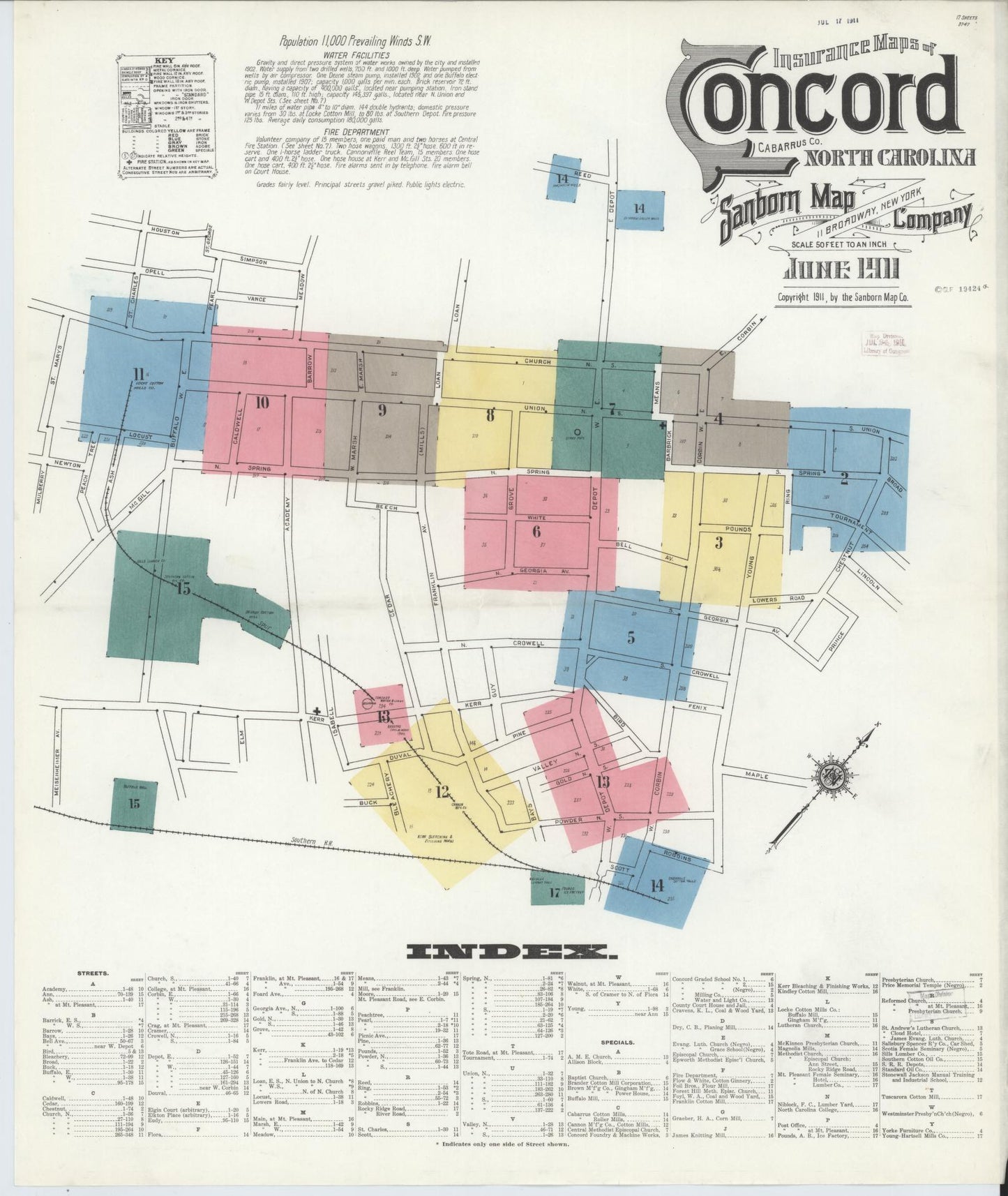Sanborn Fire Insurance Map from Concord, Cabarrus County, North Carolina (1911), Sheet #0001 - Historic Sanborn Fire Insurance Map Print, vintage old map wall art, antique decor, genealogy gift, North Carolina North Carolina map