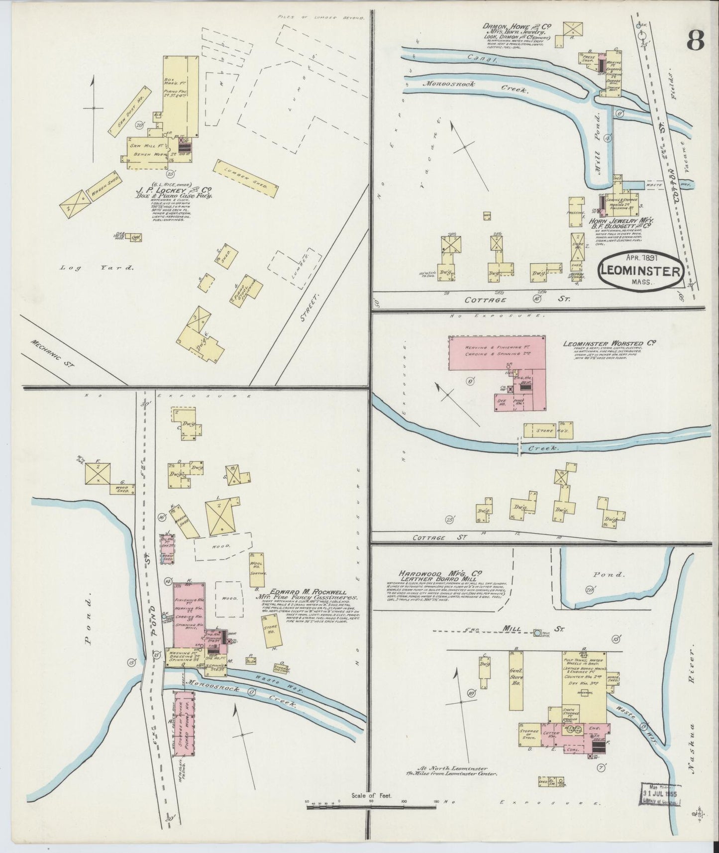 Sanborn Fire Insurance Map from Leominster, Worcester County, Massachusetts (1891), Sheet #0008 - Historic Sanborn Fire Insurance Map Print, vintage old map wall art, antique decor, genealogy gift, Massachusetts Massachusetts map
