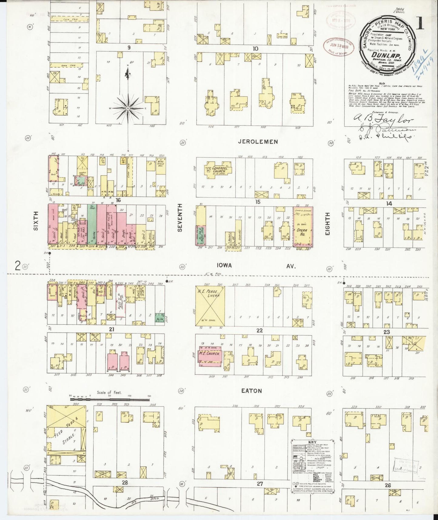 Sanborn Fire Insurance Map from Dunlap, Harrison County, Iowa (1899), Sheet #0001 - Historic Sanborn Fire Insurance Map Print, vintage old map wall art