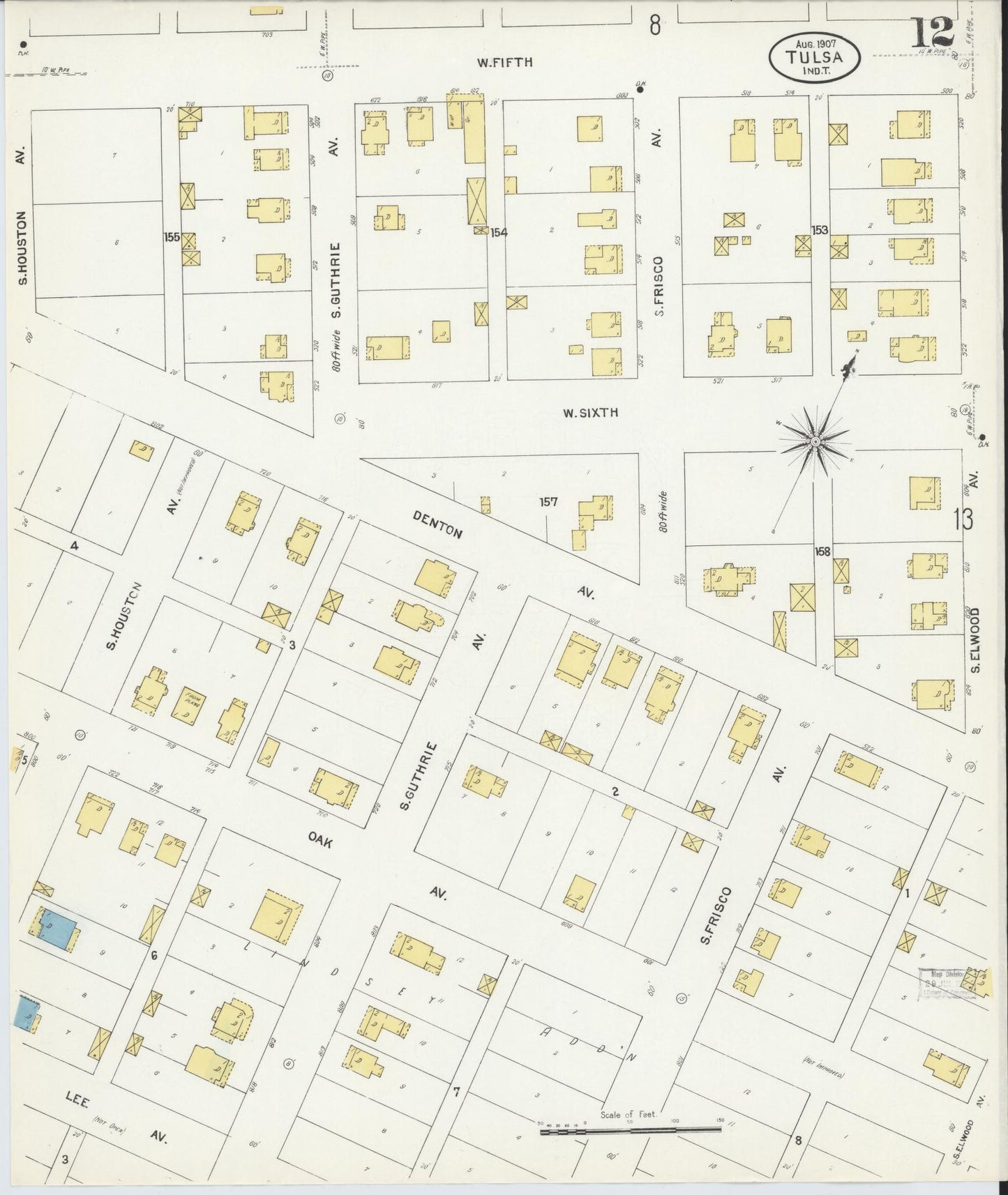 Sanborn Fire Insurance Map from Tulsa, Tulsa County, Oklahoma (1907), Sheet #0012 - Historic Sanborn Fire Insurance Map Print, vintage old map wall art, antique decor, genealogy gift, Oklahoma Oklahoma map