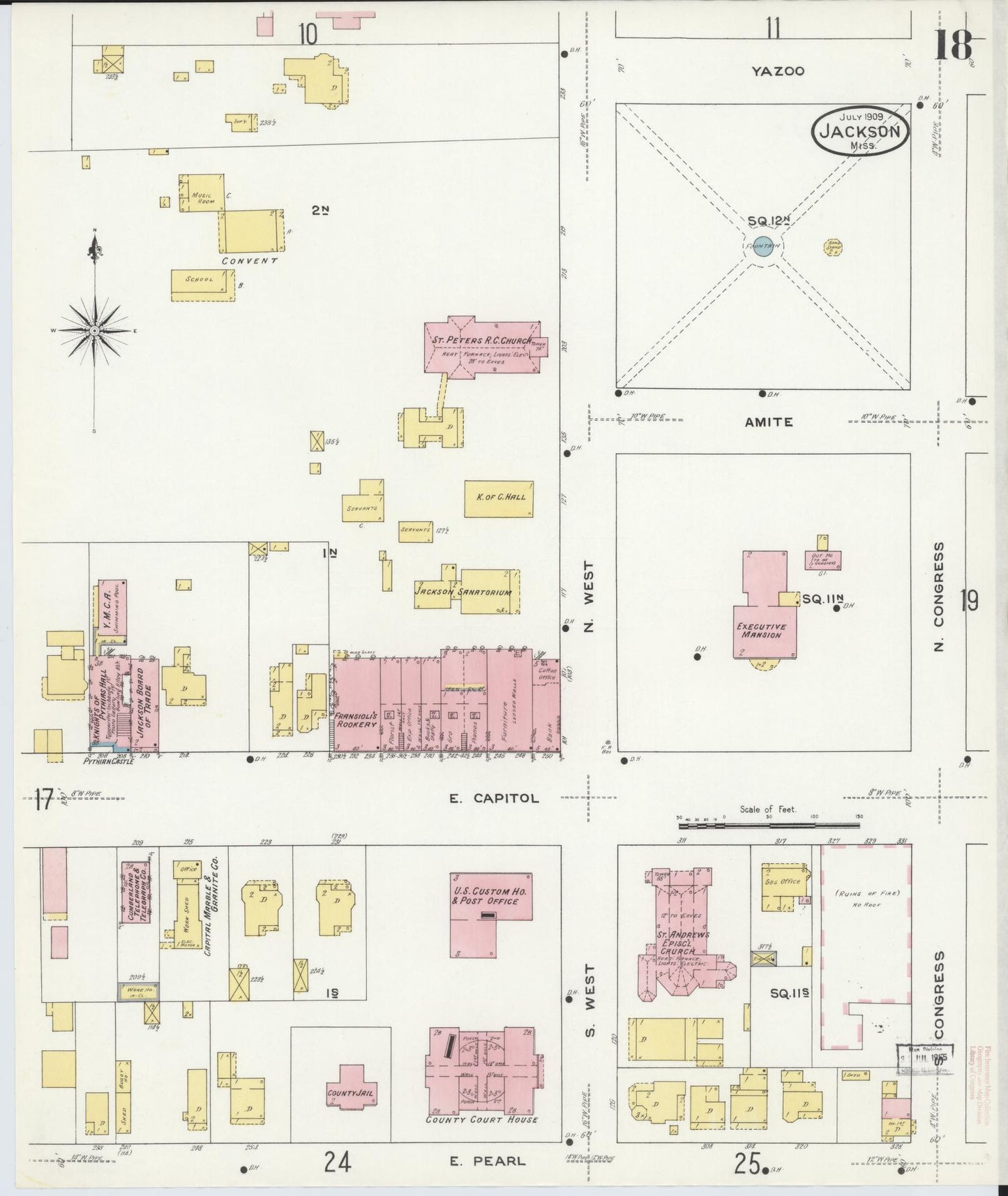 Sanborn Fire Insurance Map from Jackson, Hinds County, Mississippi (1909), Sheet #0018 - Historic Sanborn Fire Insurance Map Print, vintage old map wall art, antique decor, genealogy gift, Mississippi Mississippi map