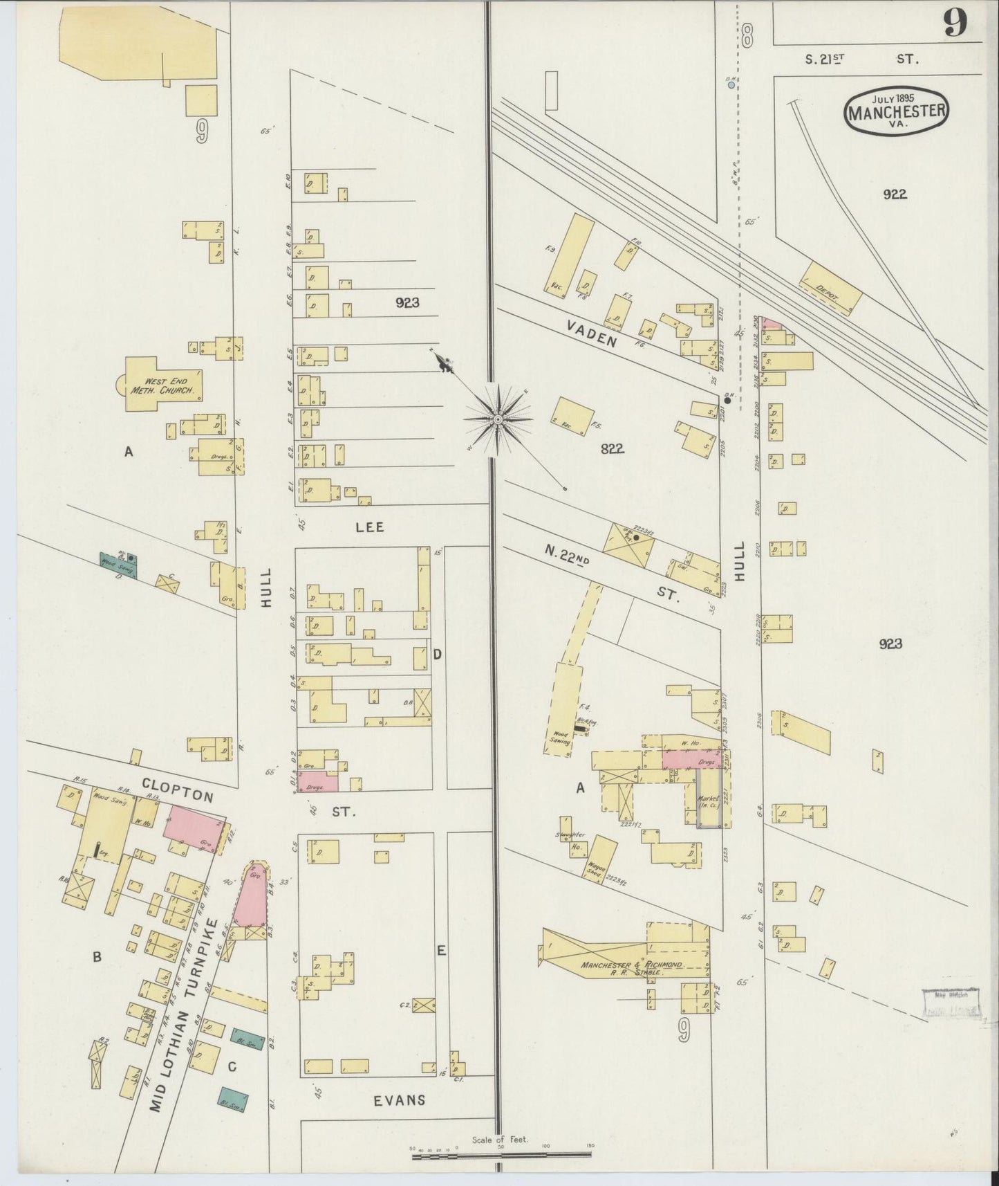 Sanborn Fire Insurance Map from Manchester, Chesterfield County, Virginia. (1895), Sheet 9 – Historic Sanborn Fire Insurance Map Print