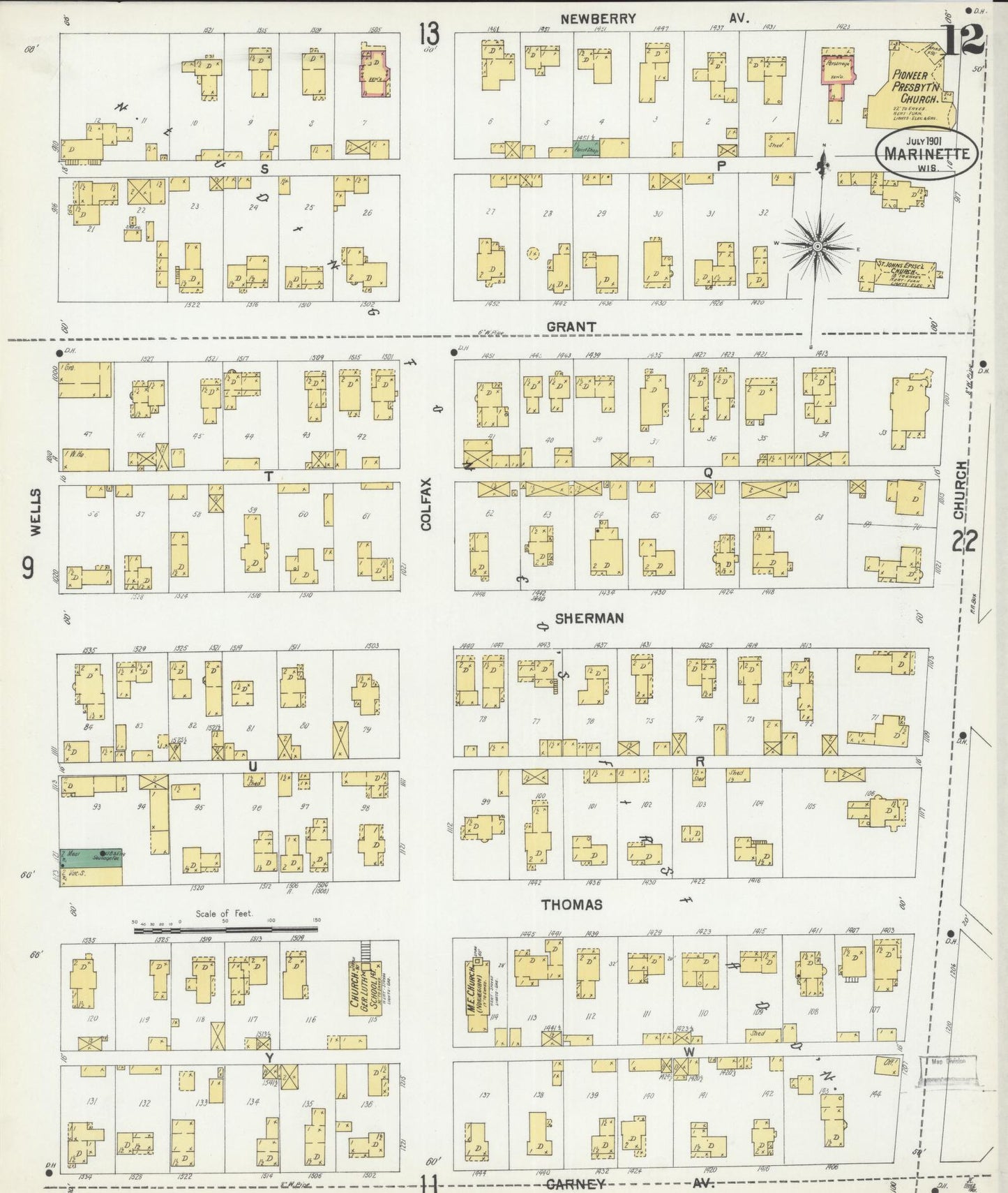 Sanborn Fire Insurance Map from Marinette, Marinette County, Wisconsin (1901), Sheet #0012 - Historic Sanborn Fire Insurance Map Print, vintage old map wall art, antique decor, genealogy gift, Wisconsin Wisconsin map