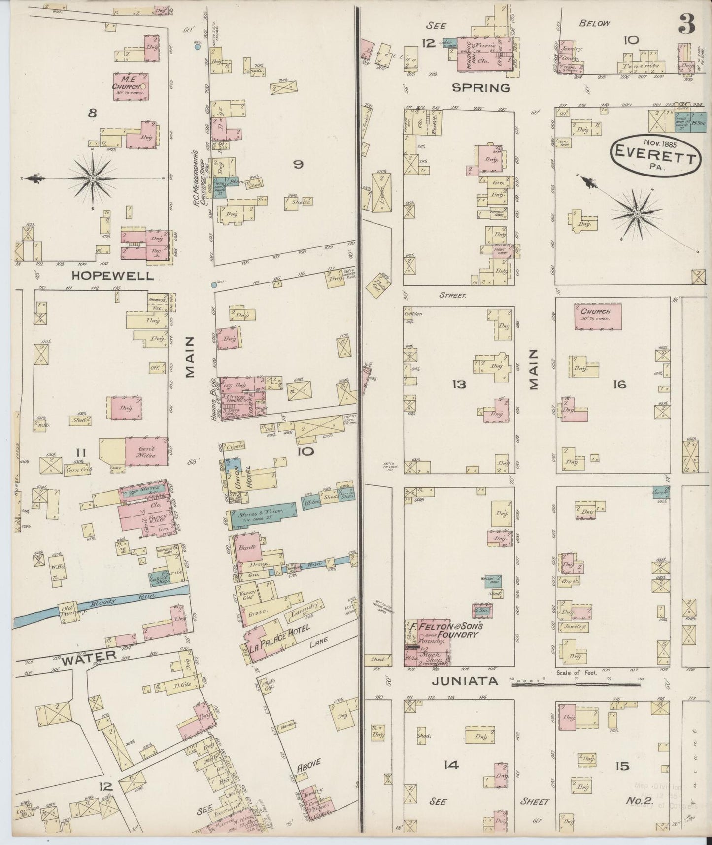 Sanborn Fire Insurance Map from Everett, Bedford County, Pennsylvania (1885), Sheet #0003 - Historic Sanborn Fire Insurance Map Print, vintage old map wall art, antique decor, genealogy gift, Pennsylvania Pennsylvania map