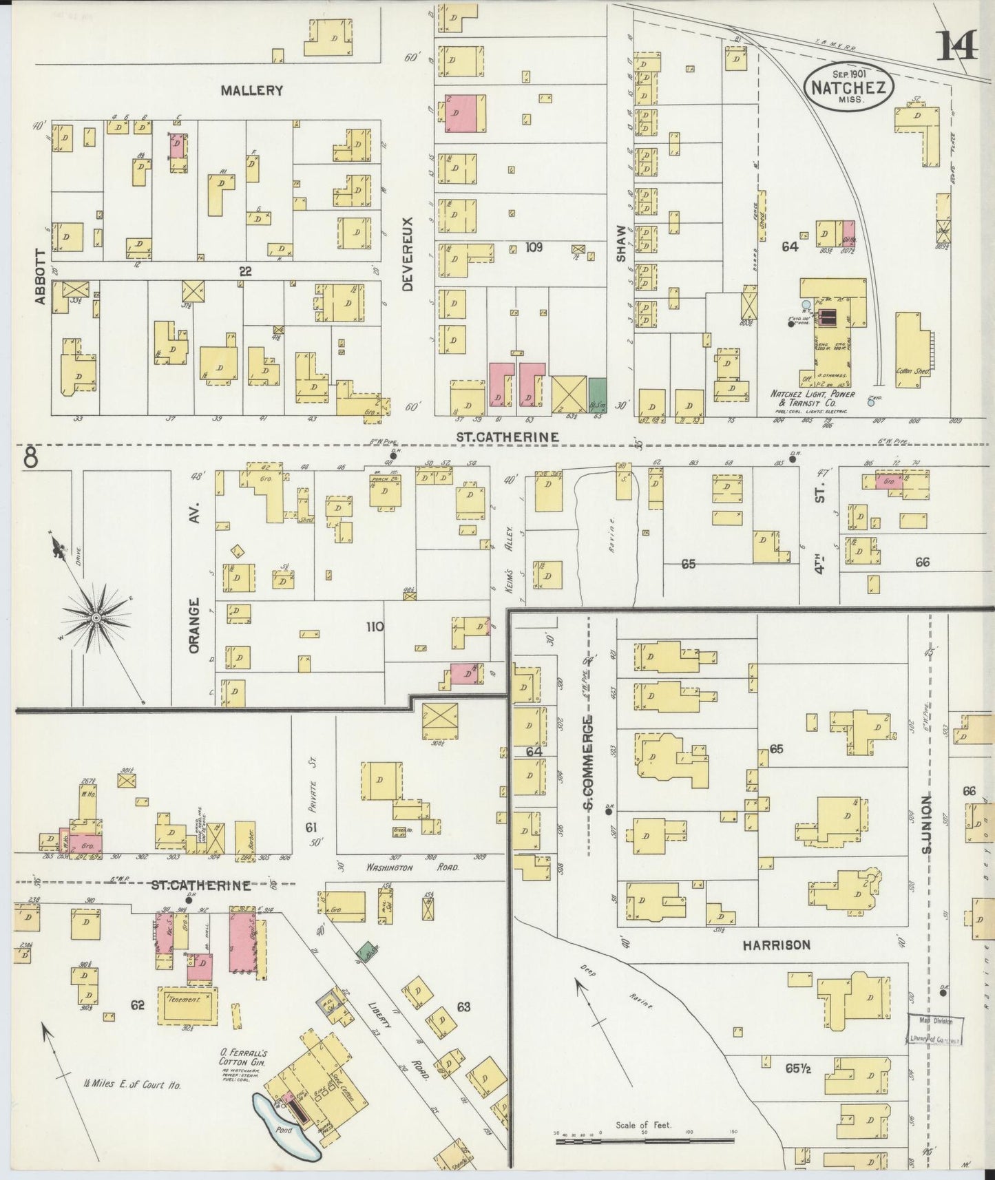 Sanborn Fire Insurance Map from Natchez, Adams County, Mississippi (1901), Sheet #0014 - Historic Sanborn Fire Insurance Map Print, vintage old map wall art, antique decor, genealogy gift, Mississippi Mississippi map
