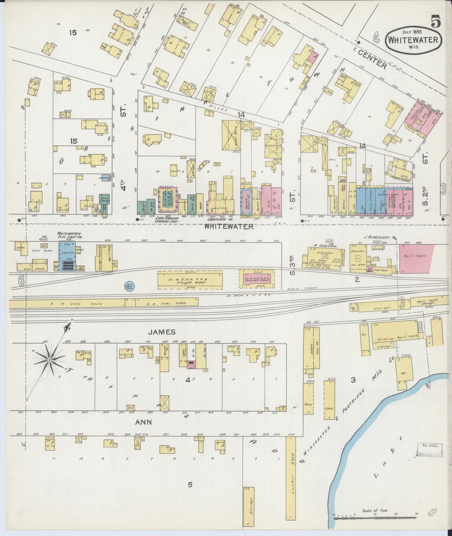 Sanborn Fire Insurance Map from Whitewater, Walworth County, Wisconsin (1892), Sheet #0005 - Historic Sanborn Fire Insurance Map Print, vintage old map wall art, antique decor, genealogy gift, Wisconsin Wisconsin map