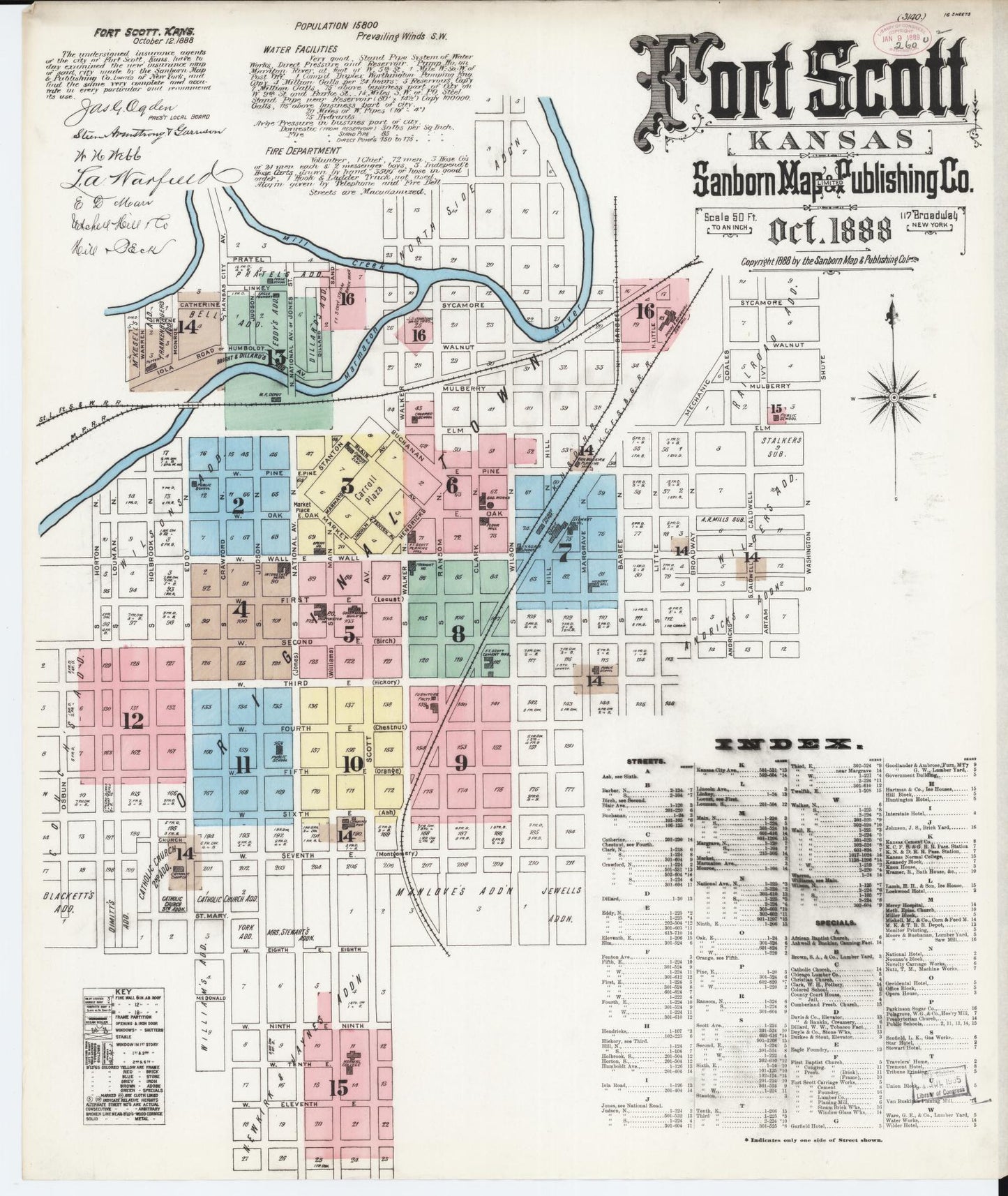 Sanborn Fire Insurance Map from Fort Scott, Bourbon County, Kansas (1888), Sheet #0001 - Historic Sanborn Fire Insurance Map Print, vintage old map wall art, antique decor, genealogy gift, Kansas Kansas map