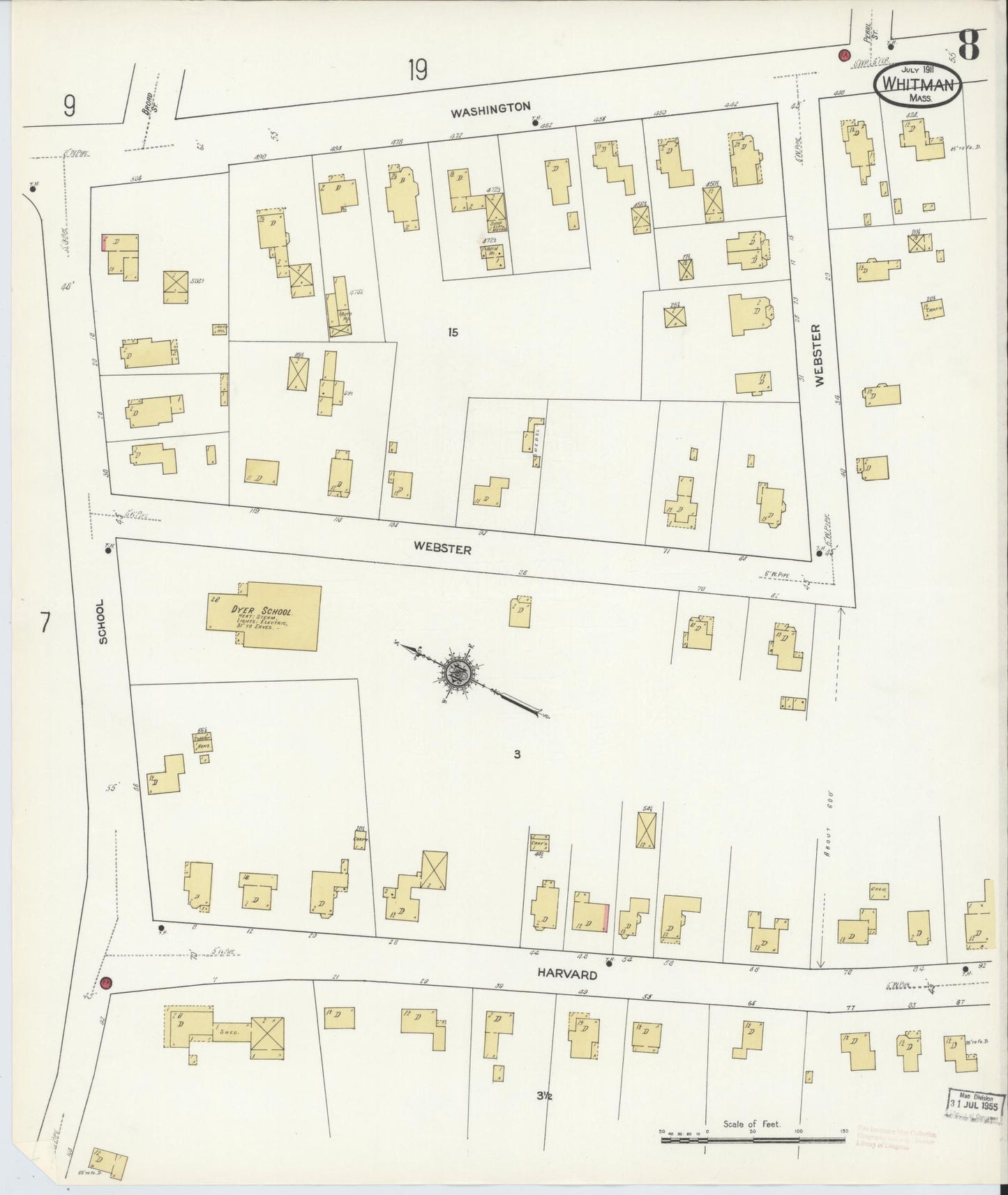 Sanborn Fire Insurance Map from Whitman, Plymouth County, Massachusetts (1911), Sheet #0008 - Historic Sanborn Fire Insurance Map Print, vintage old map wall art, antique decor, genealogy gift, Massachusetts Massachusetts map