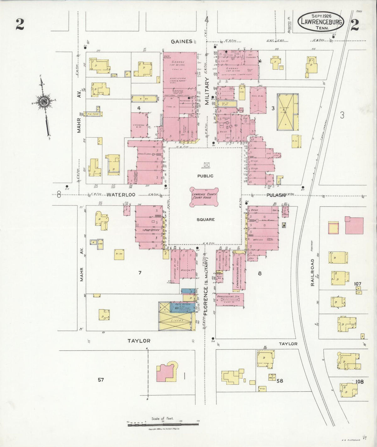 Sanborn Fire Insurance Map from Lawrenceburg, Lawrence County, Tennessee (1926), Sheet #0002 - Historic Sanborn Fire Insurance Map Print, vintage old map wall art, antique decor, genealogy gift, Tennessee Tennessee map