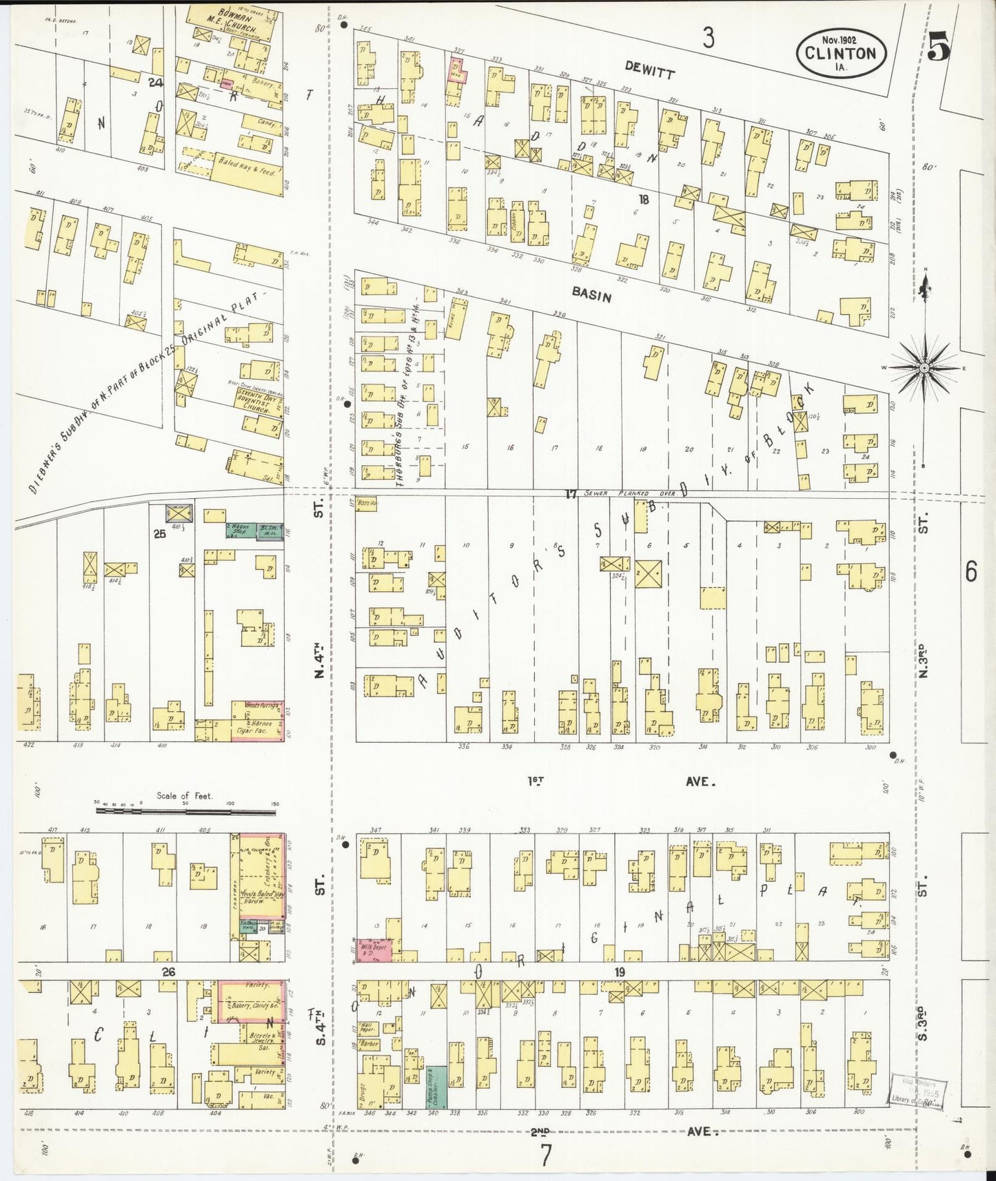 Sanborn Fire Insurance Map from Clinton, Clinton County, Iowa (1902), Sheet #0005 - Historic Sanborn Fire Insurance Map Print, vintage old map wall art