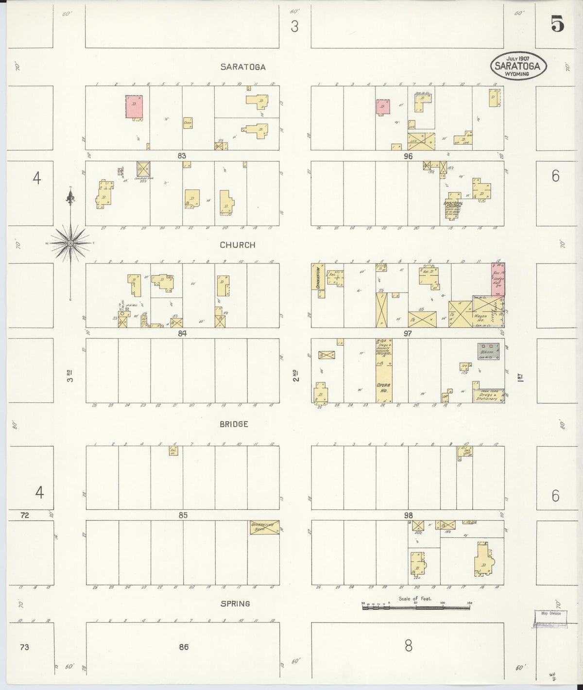 Sanborn Fire Insurance Map from Saratoga, Carbon County, Wyoming (1907), Sheet #0005 - Historic Sanborn Fire Insurance Map Print, vintage old map wall art, antique decor, genealogy gift, Wyoming Wyoming map