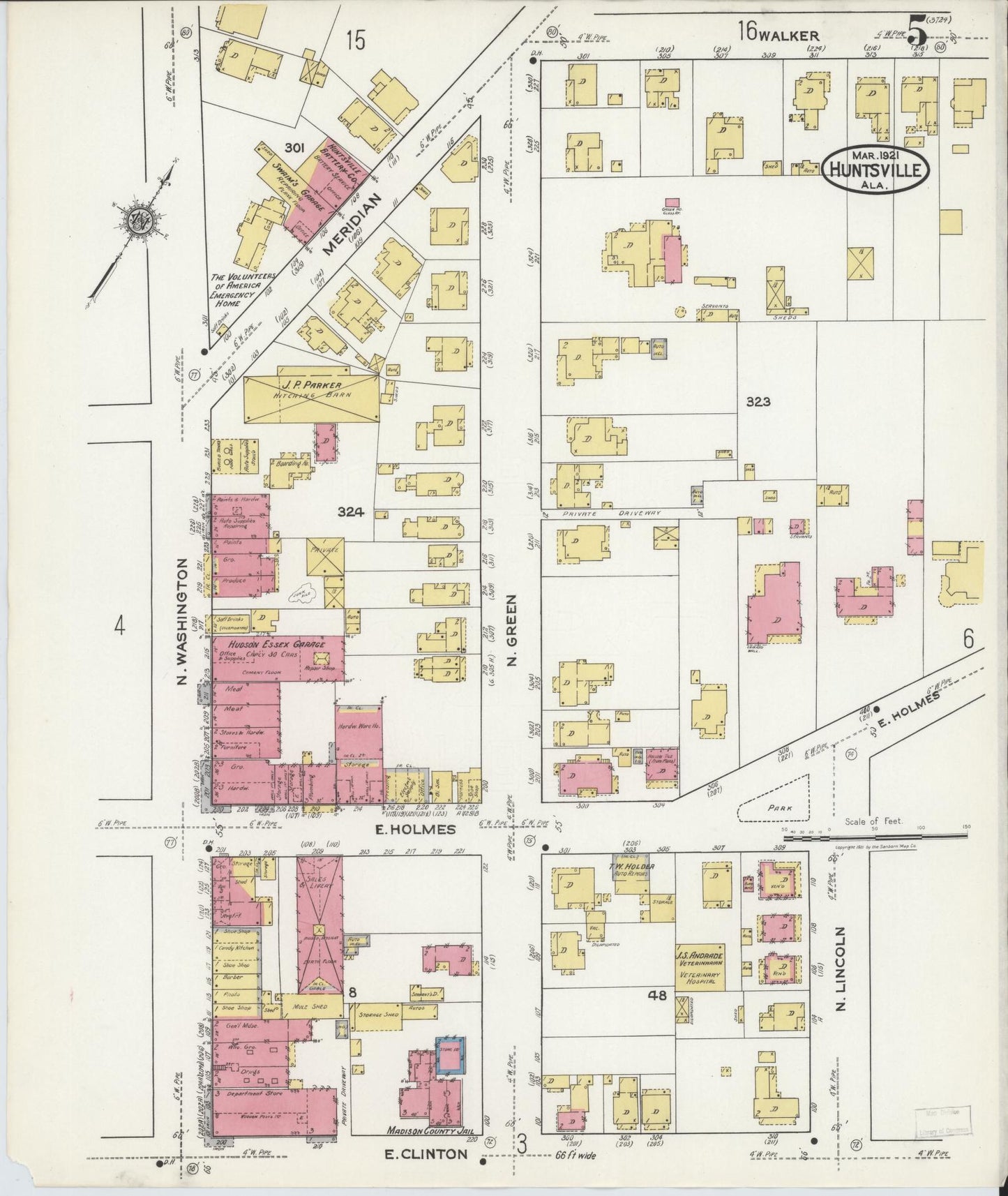 Sanborn Fire Insurance Map from Huntsville, Madison County, Alabama (1921), Sheet #0005 - Historic Sanborn Fire Insurance Map Print, vintage old map wall art, antique decor, genealogy gift, Alabama Alabama map