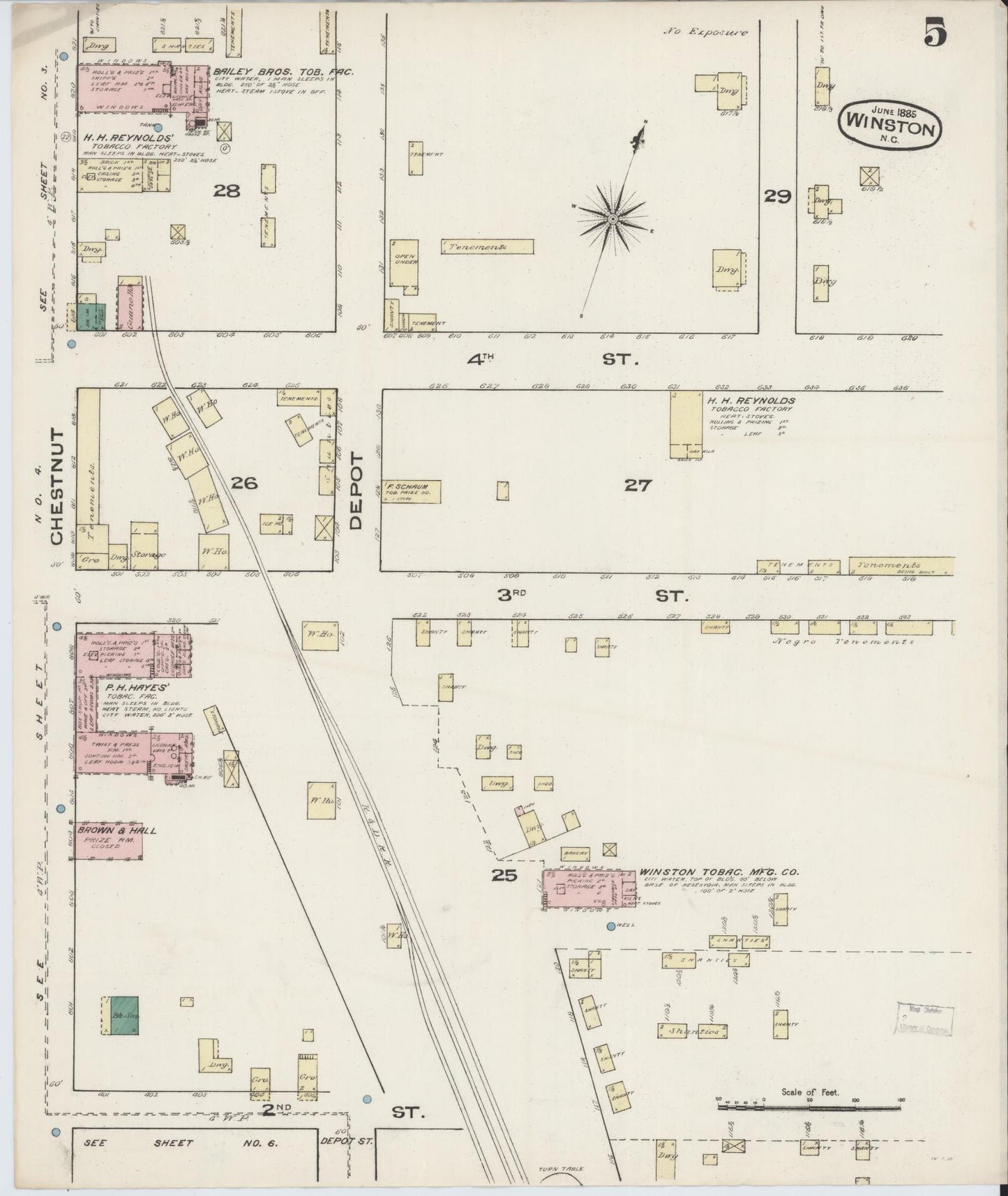 Sanborn Fire Insurance Map from Winston-Salem, Forsyth County, North Carolina (1885), Sheet #0005 - Historic Sanborn Fire Insurance Map Print, vintage old map wall art, antique decor, genealogy gift, North Carolina North Carolina map