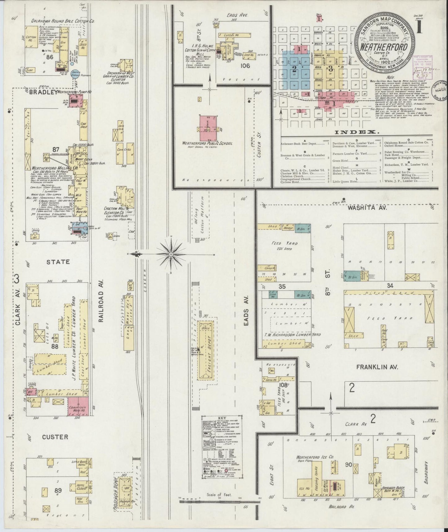 Sanborn Fire Insurance Map from Weatherford, Custer County, Oklahoma (1902), Sheet #0001 - Historic Sanborn Fire Insurance Map Print, vintage old map wall art, antique decor, genealogy gift, Oklahoma Oklahoma map