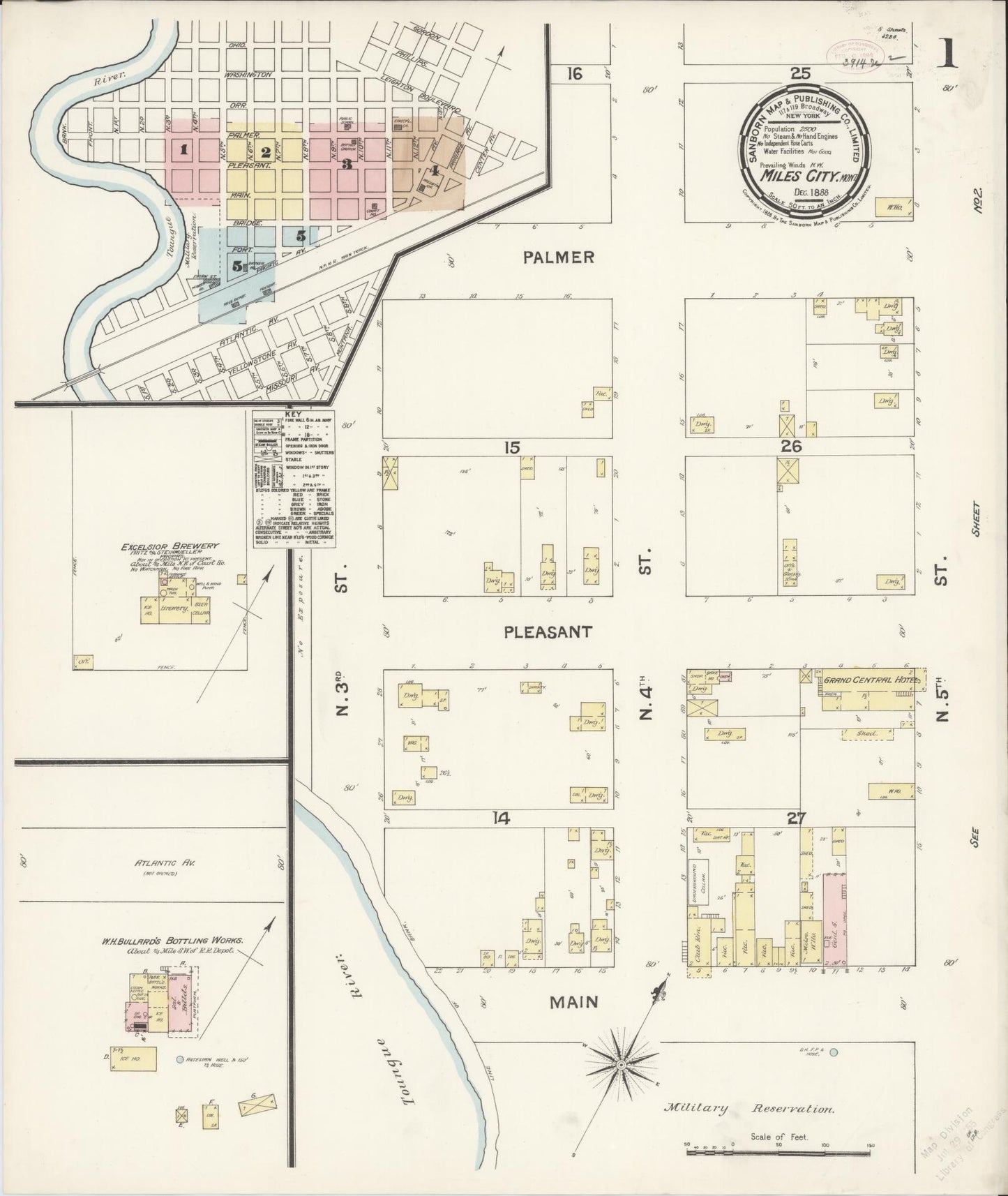 Sanborn Fire Insurance Map from Miles City, Custer County, Montana (1888), Sheet #0001 - Historic Sanborn Fire Insurance Map Print, vintage old map wall art, antique decor, genealogy gift, Montana Montana map