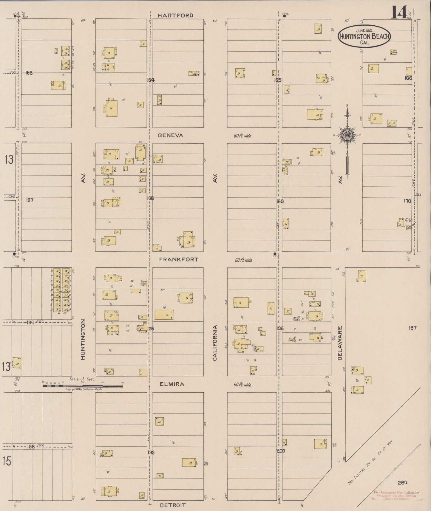 Sanborn Fire Insurance Map from Huntington Beach, Orange County, California (1922), Sheet #0014 - Historic Sanborn Fire Insurance Map Print, vintage old map wall art, antique decor, genealogy gift, California California map