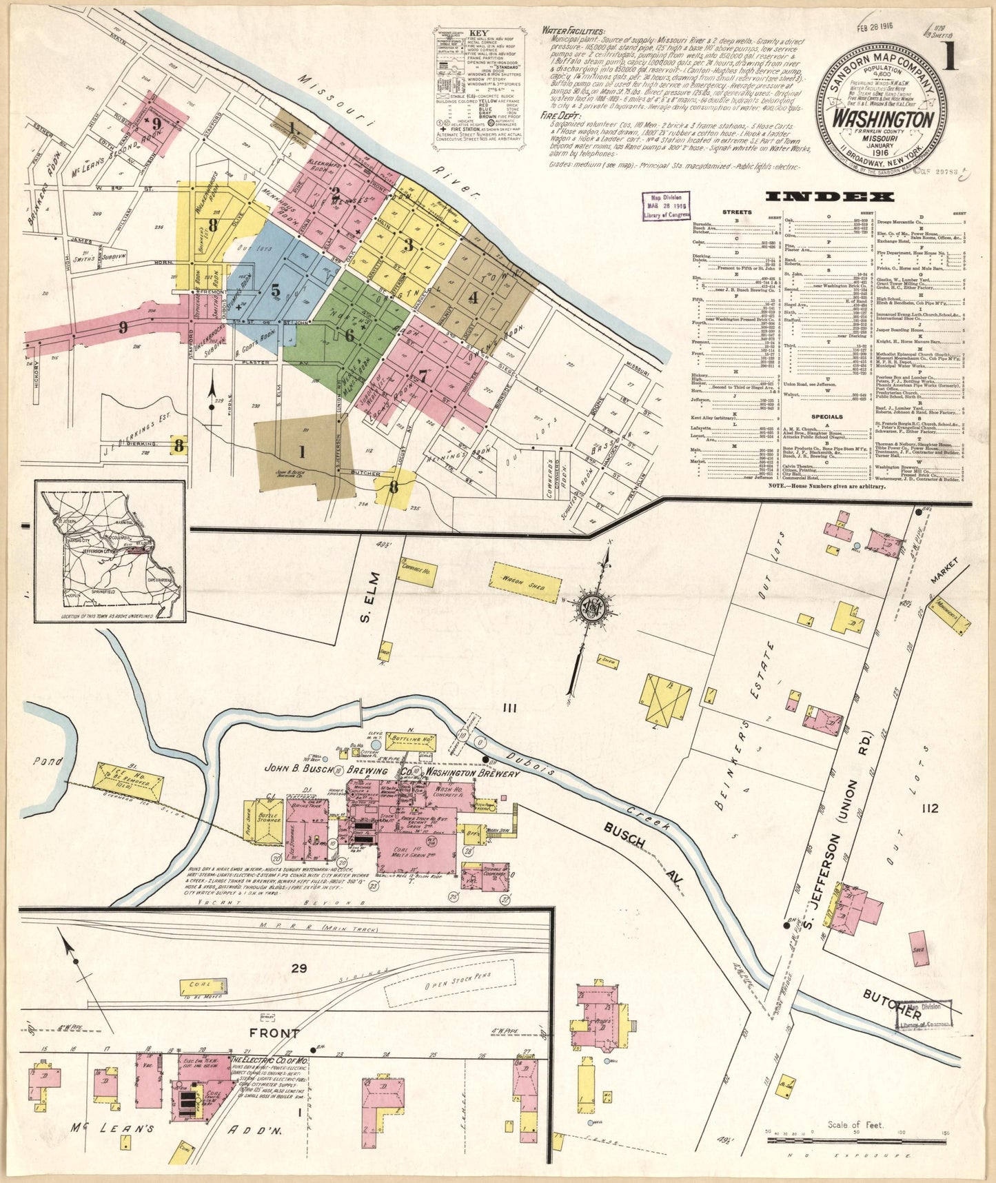 Sanborn Fire Insurance Map from Washington, Franklin County, Missouri (1916), Sheet #0001 - Historic Sanborn Fire Insurance Map Print, vintage old map wall art, antique decor, genealogy gift, Washington Washington map