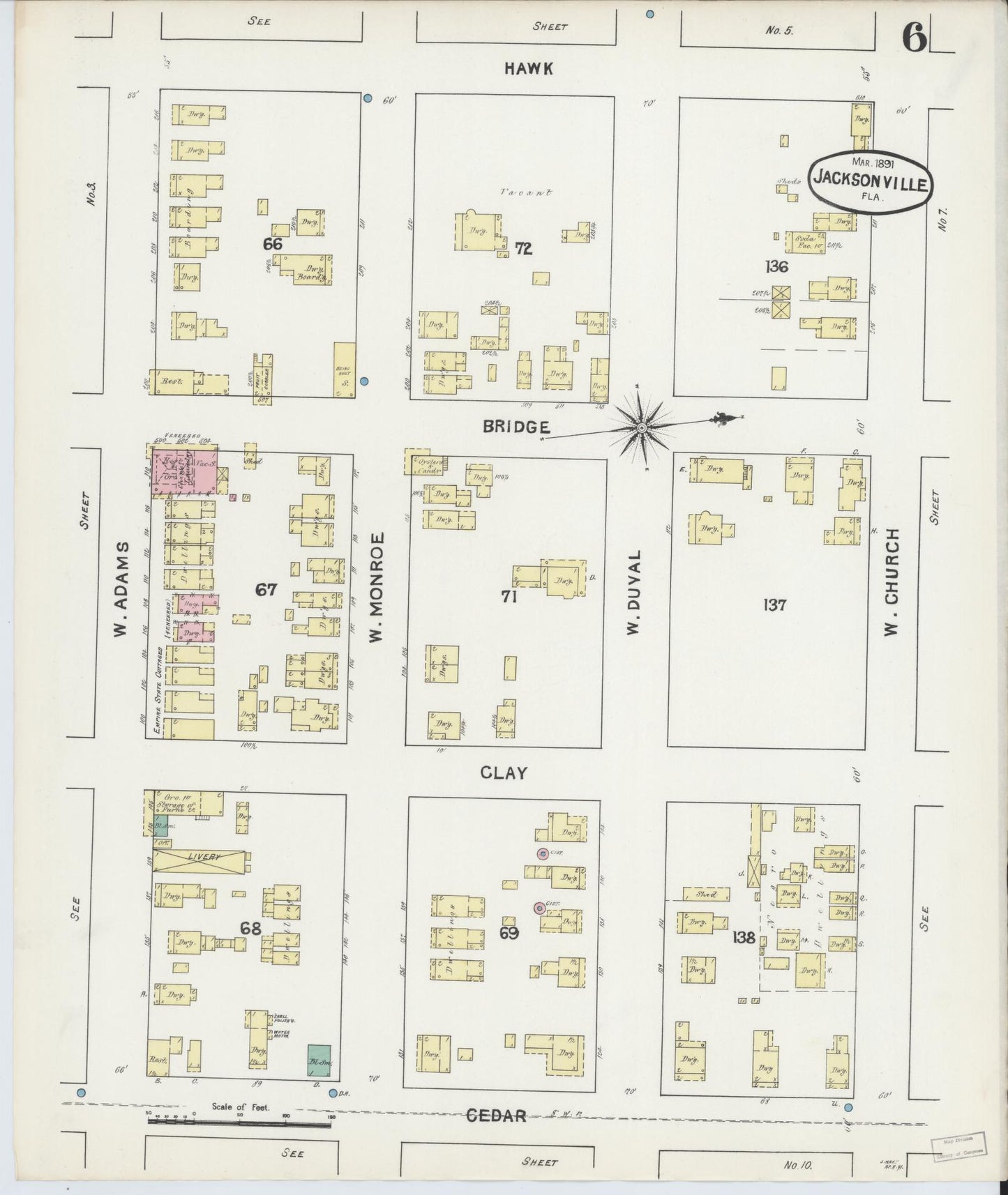 Sanborn Fire Insurance Map from Jacksonville, Duval County, Florida (1891), Sheet #0006 - Historic Sanborn Fire Insurance Map Print, vintage old map wall art, antique decor, genealogy gift, Florida Florida map
