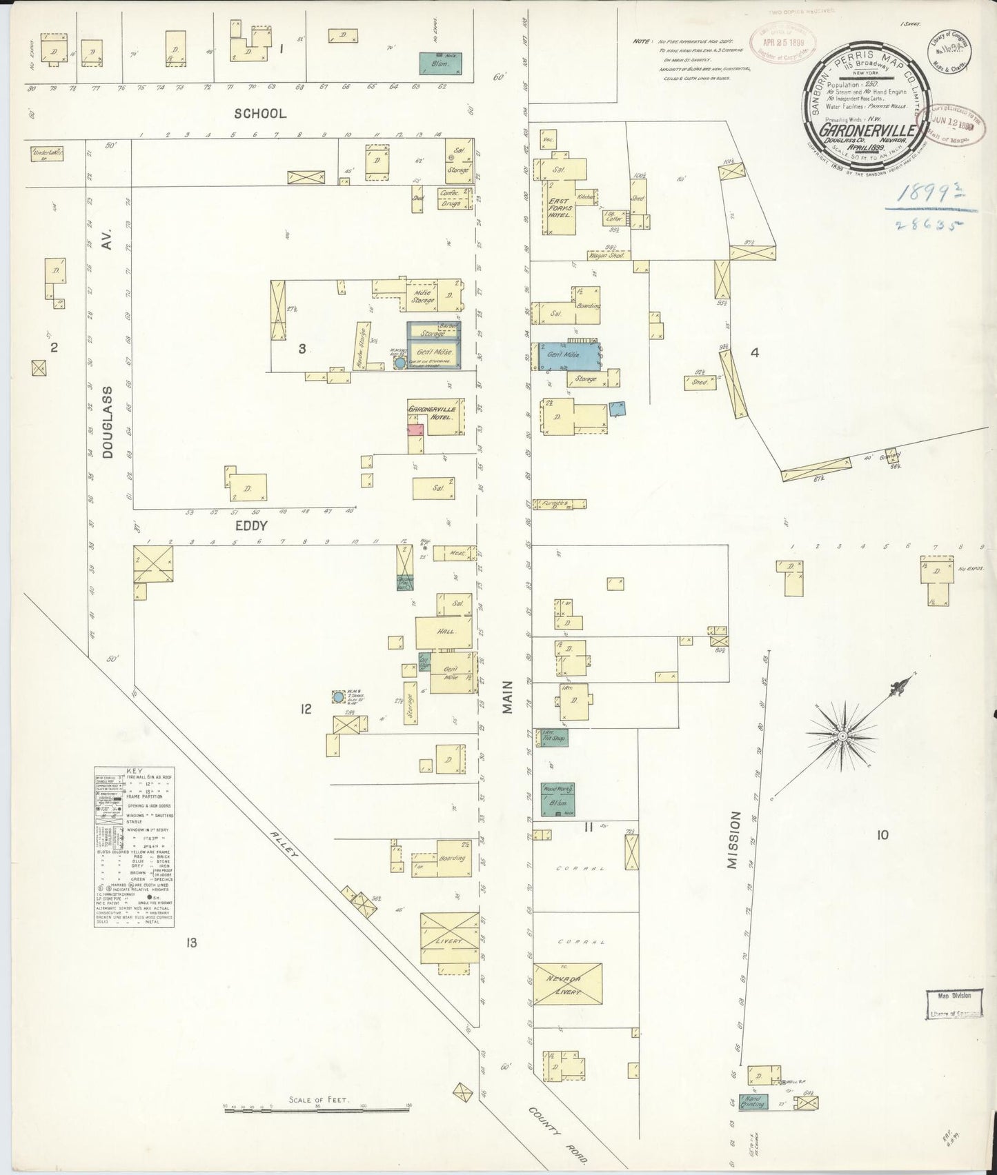 Sanborn Fire Insurance Map from Gardnerville, Douglas County, Nevada (1899), Sheet #0001 - Historic Sanborn Fire Insurance Map Print, vintage old map wall art, antique decor, genealogy gift, Nevada Nevada map