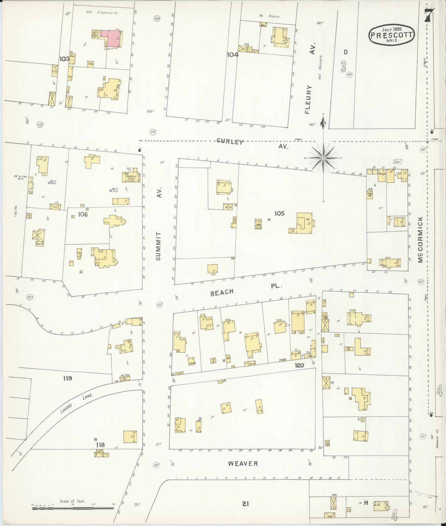 Sanborn Fire Insurance Map from Prescott, Yavapai County, Arizona (1895), Sheet #0007 - Historic Sanborn Fire Insurance Map Print, vintage old map wall art, antique decor, genealogy gift, Arizona Arizona map