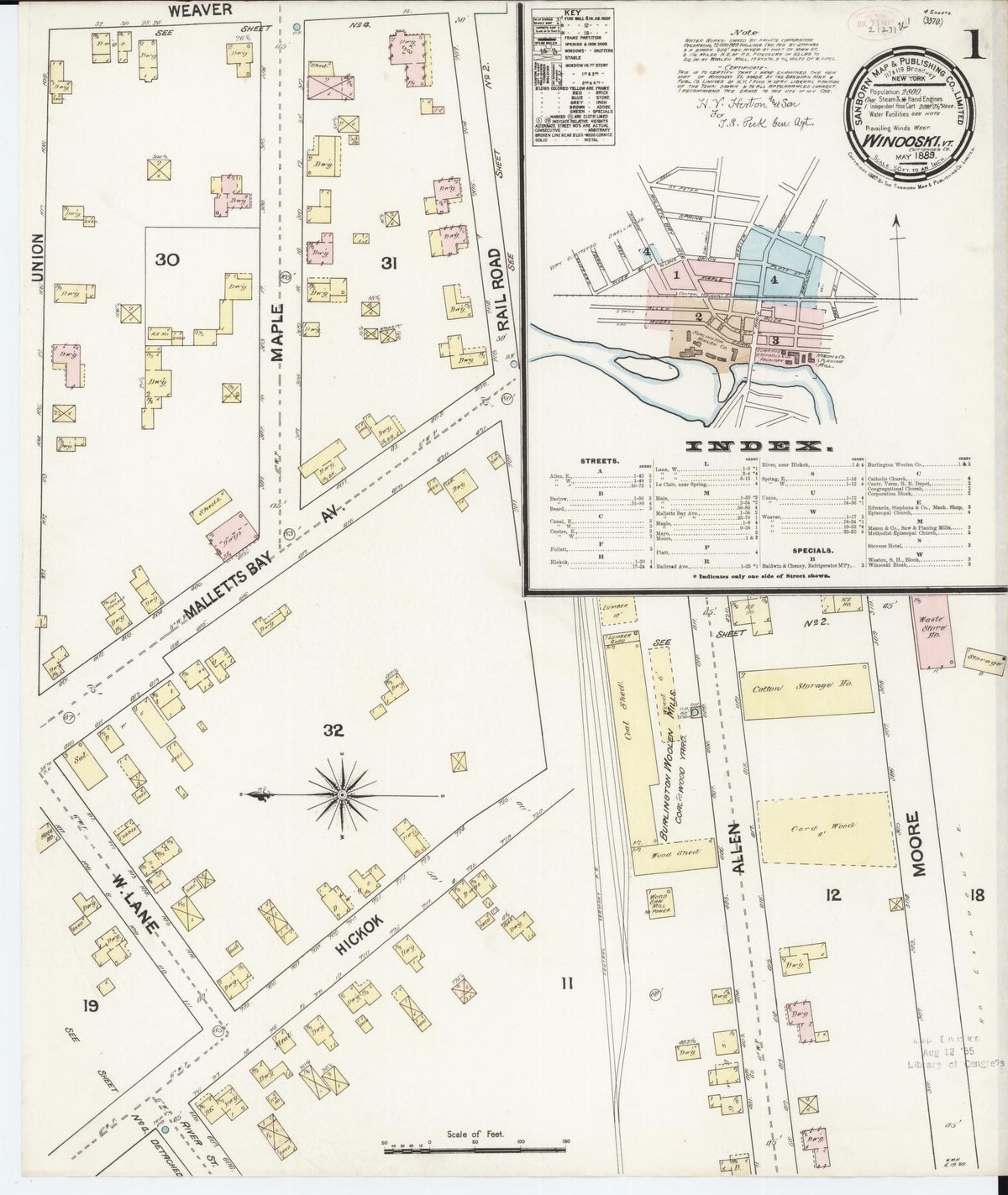 Sanborn Fire Insurance Map from Winooski, Chittenden County, Vermont (1889), Sheet #0001 - Historic Sanborn Fire Insurance Map Print, vintage old map wall art, antique decor, genealogy gift, Vermont Vermont map